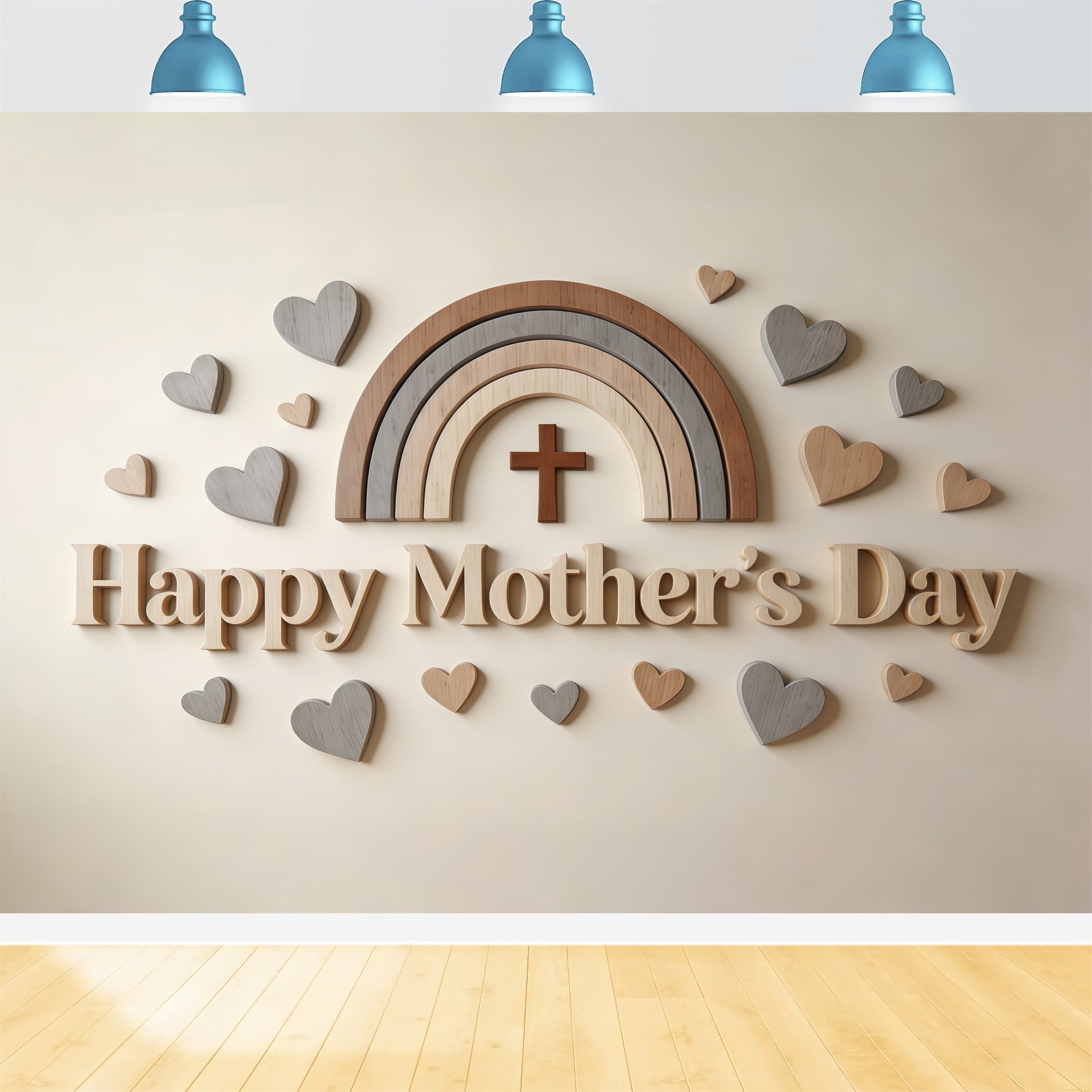 Church Mother's Day Backdrop Ideas Neutral Wooden Rainbow Hearts Backdrop For Mothers Day CSH63-94