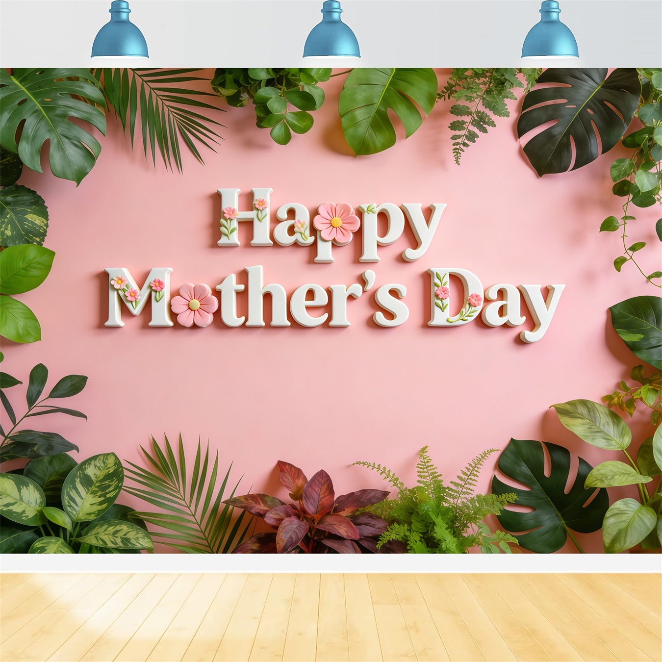 Church Mother's Day Backdrop Ideas Pink Tropical Leaves Floral Lettering Backdrop For Mothers Day CSH63-95