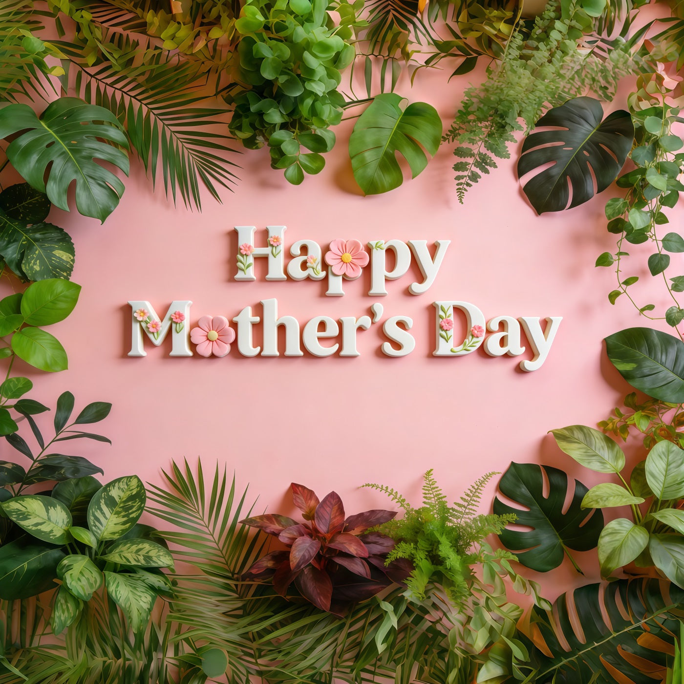 Church Mother's Day Backdrop Ideas Pink Tropical Leaves Floral Lettering Backdrop For Mothers Day CSH63-95