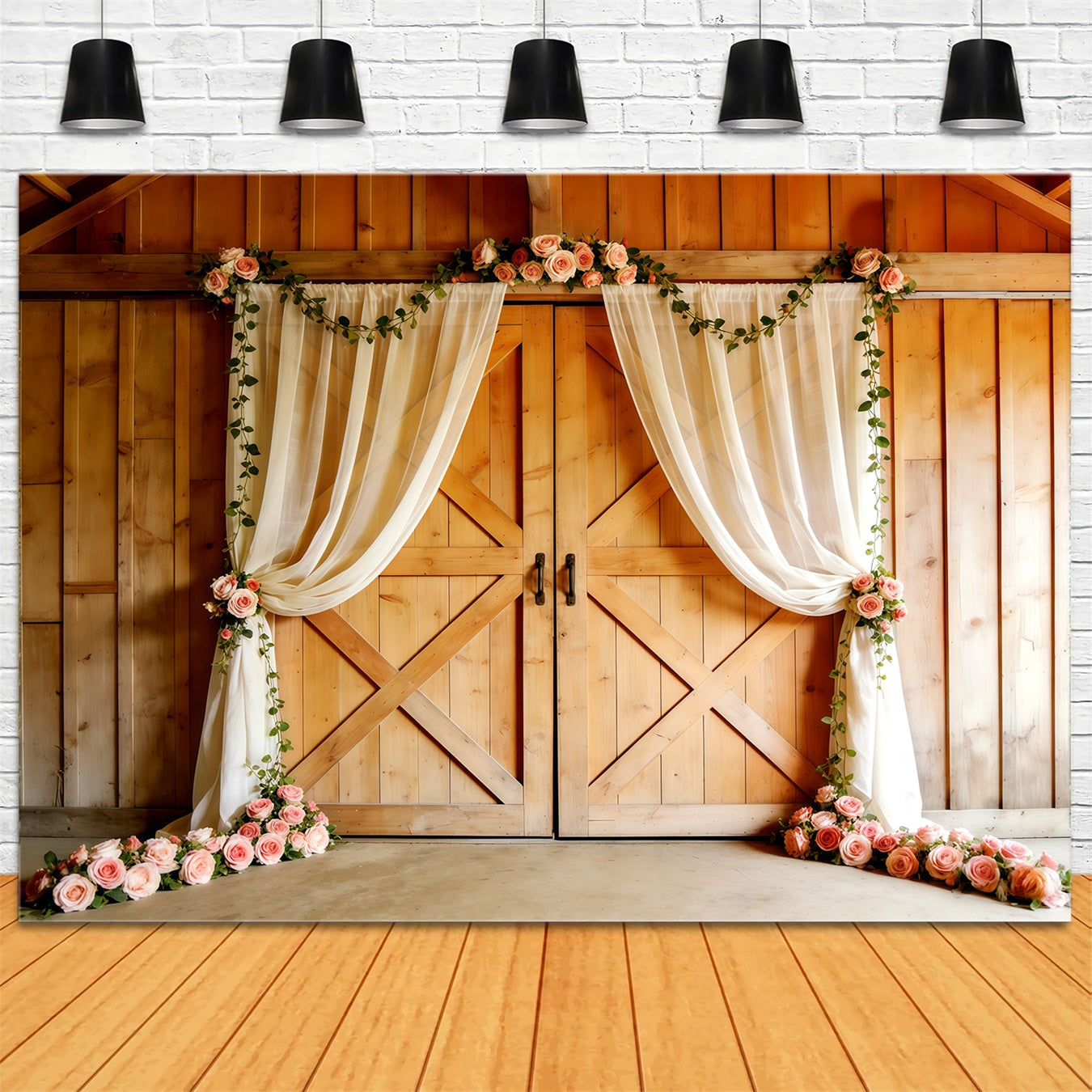 Church Mother's Day Backdrop Rustic Barn Door Rose Drapes Mothers Day Picture Backdrop CSH63-97