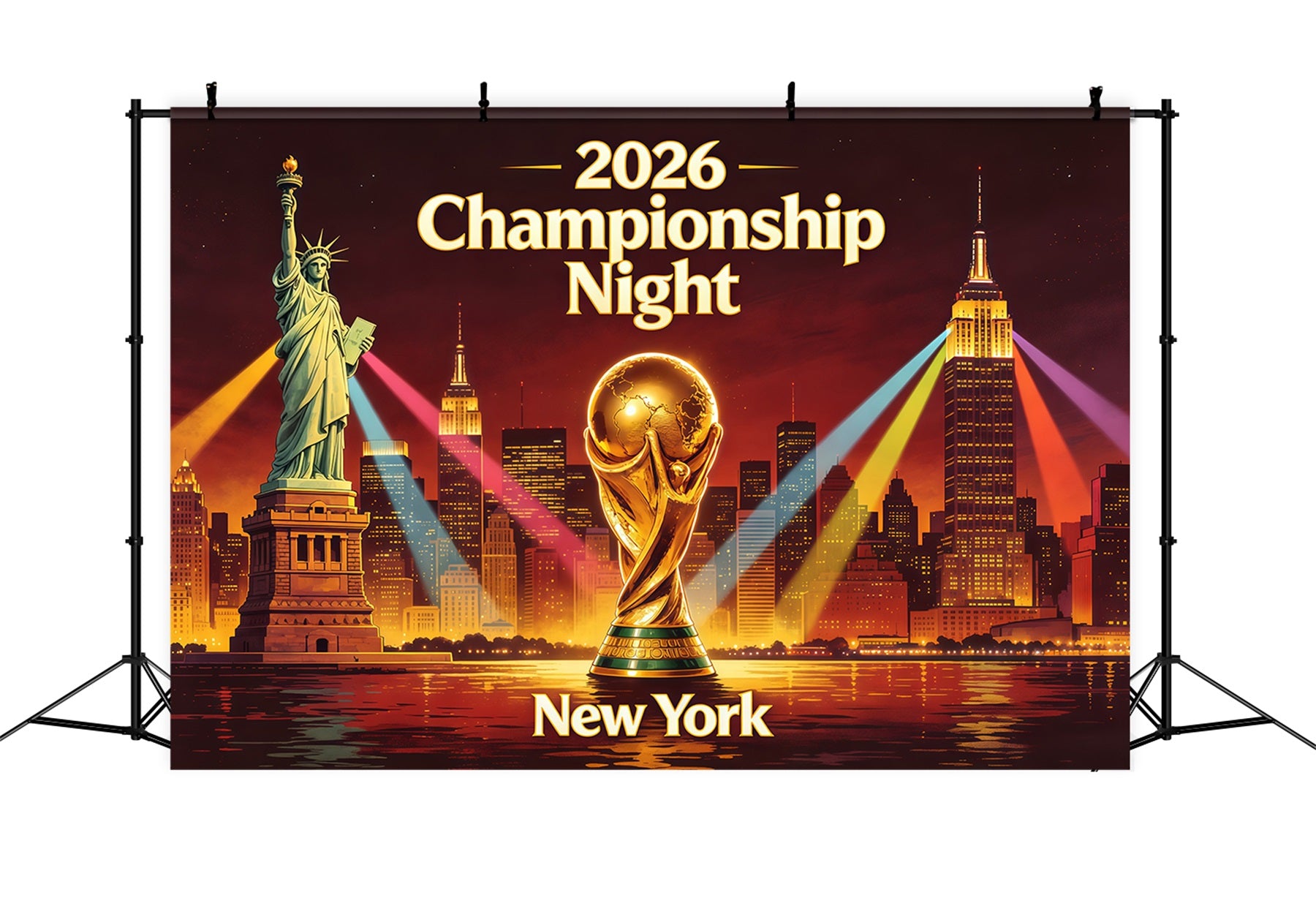 2026 Soccer Watch Party Backdrop New York Skyline Trophy Spotlight Championship Viewing Party Backdrop CSH64-100