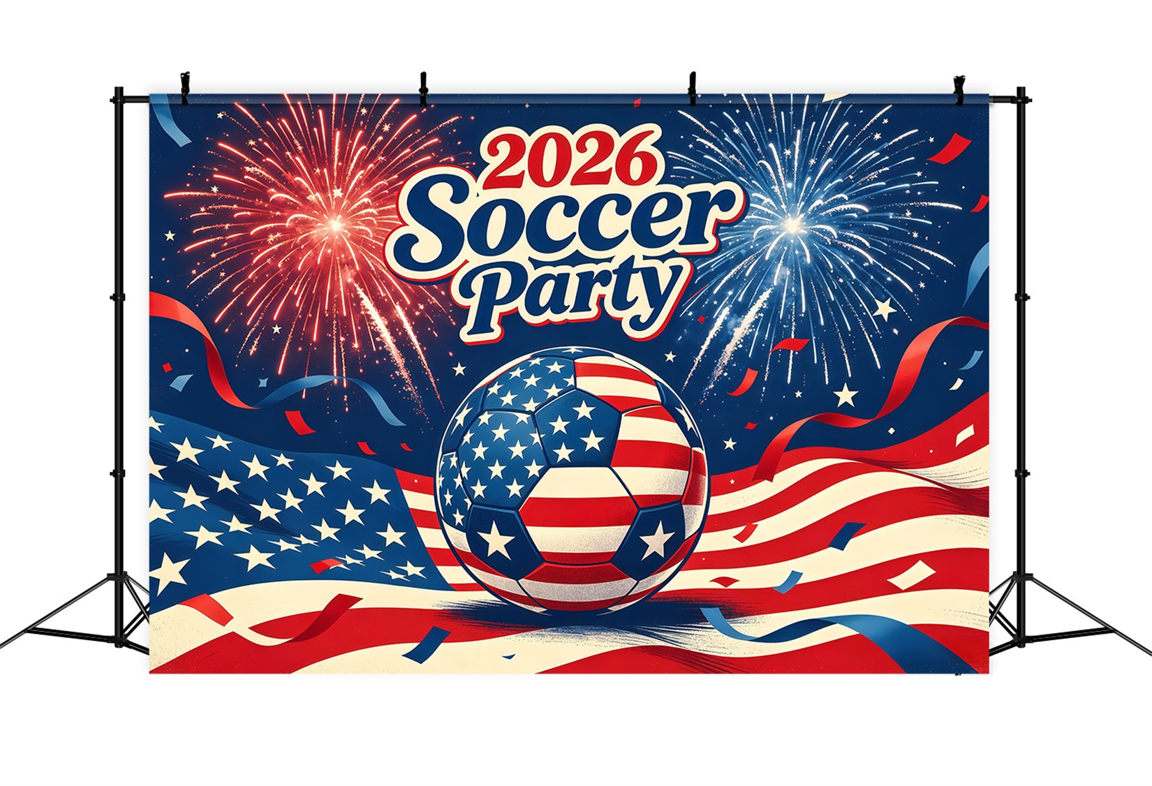 2026 Soccer Game Night Backdrop Patriotic Fireworks Flag Ball Customization 2026 Soccer Party Backdrop CSH64-102