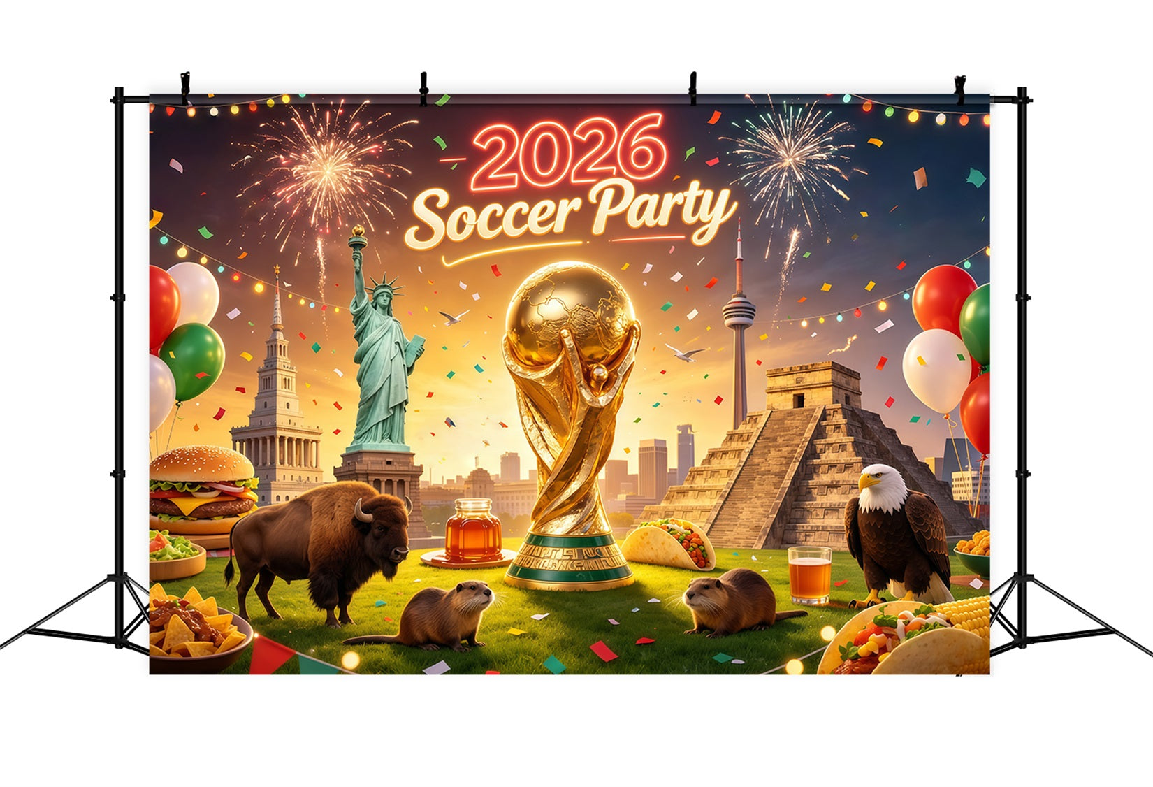 2026 Soccer Watch Party Backdrop North America Trophy Landmark Fiesta Customization 2026 Soccer Party Backdrop CSH64-103