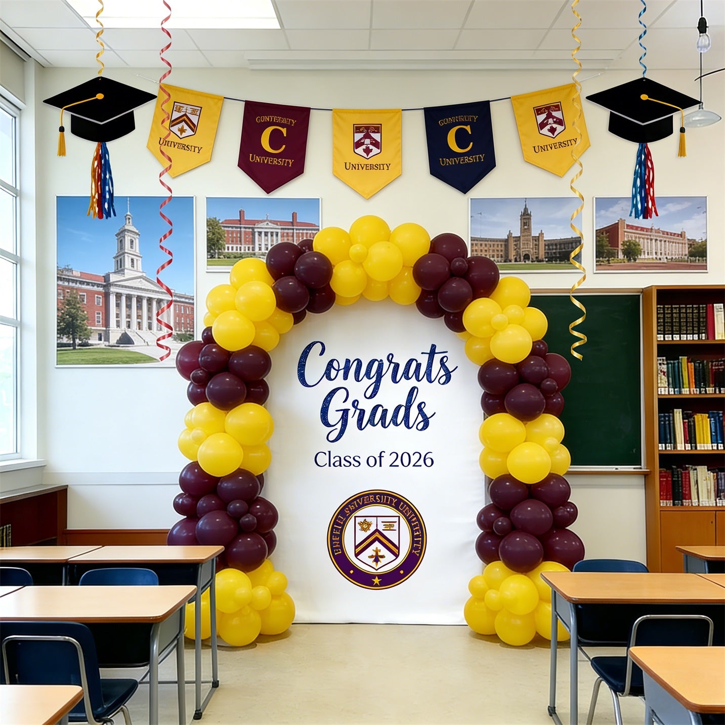 Graduation Event Backdrop White Navy School Emblem Graduation Party Event Backdrop CSH64-18