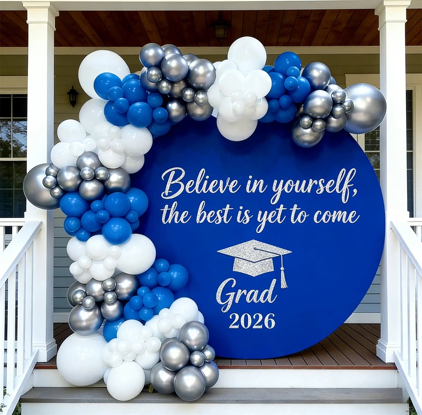Graduation Photo Booth Backdrop Blue Silver Grad Round Custom Graduation Photo Booth Backdrop CSH64-36