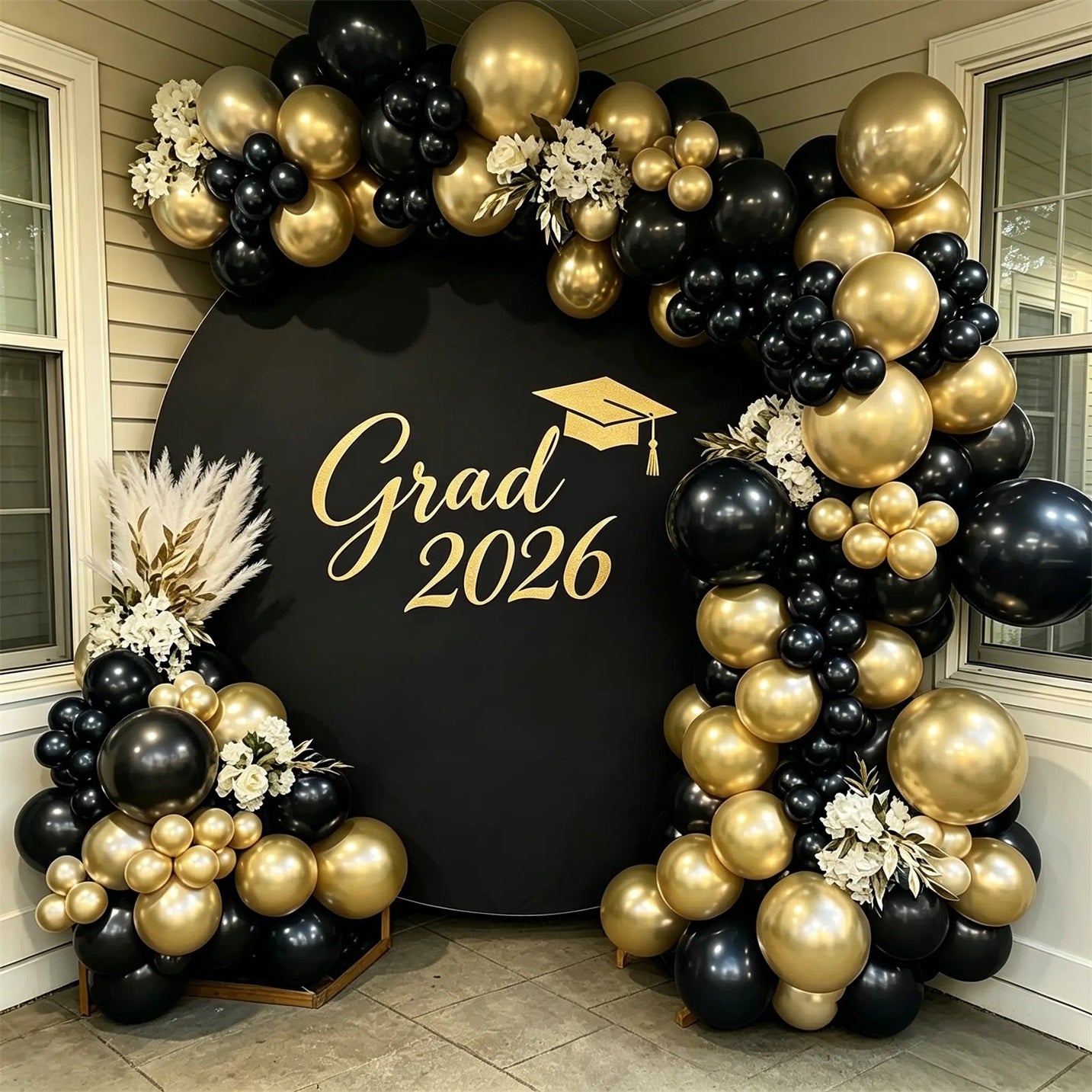 Graduation Ceremony Backdrop Black Gold Minimalist Grad Round Graduation Event Backdrop CSH64-40