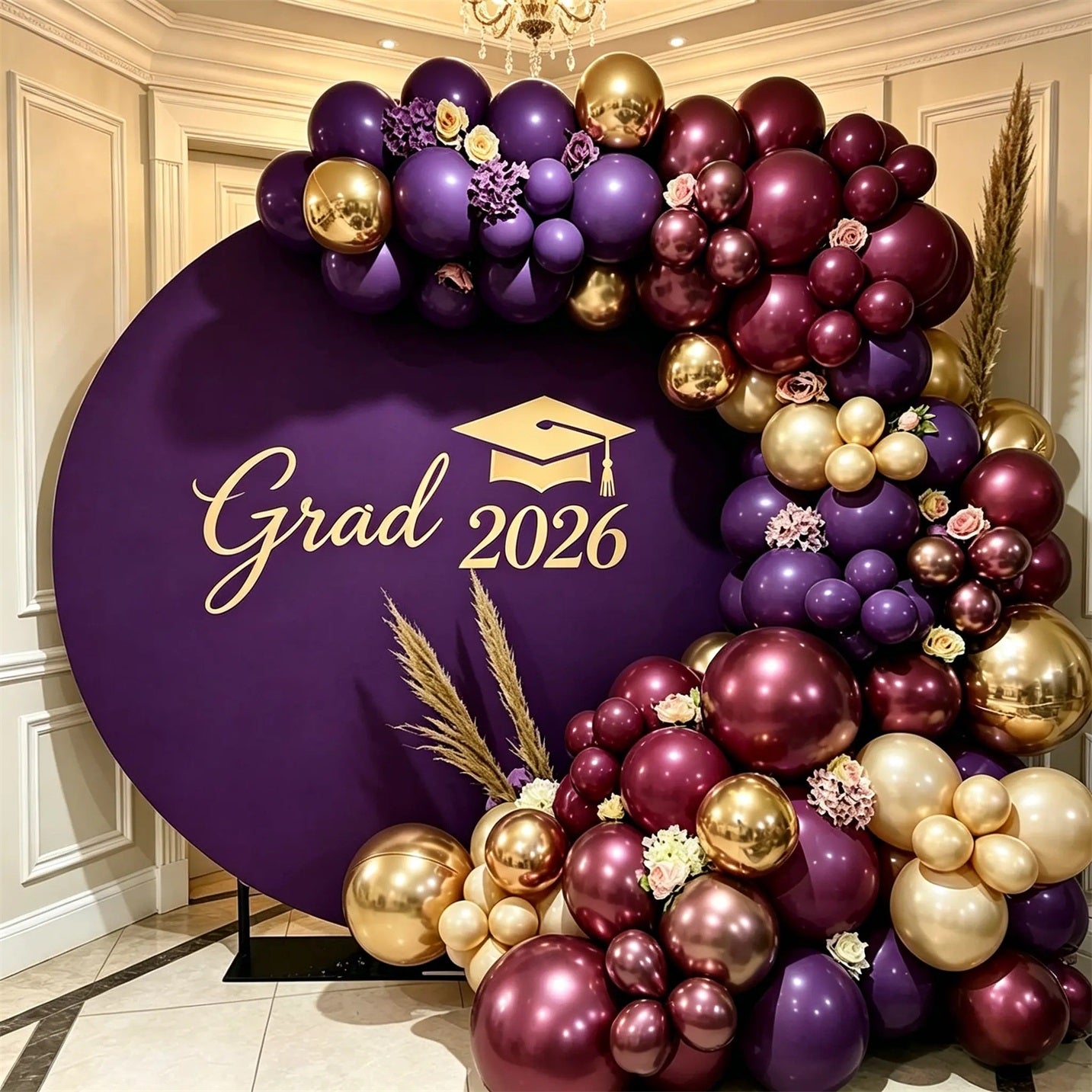 Fabric Graduation Backdrop Purple Gold Elegant Grad Round Premium Fabric Graduation Backdrop CSH64-42