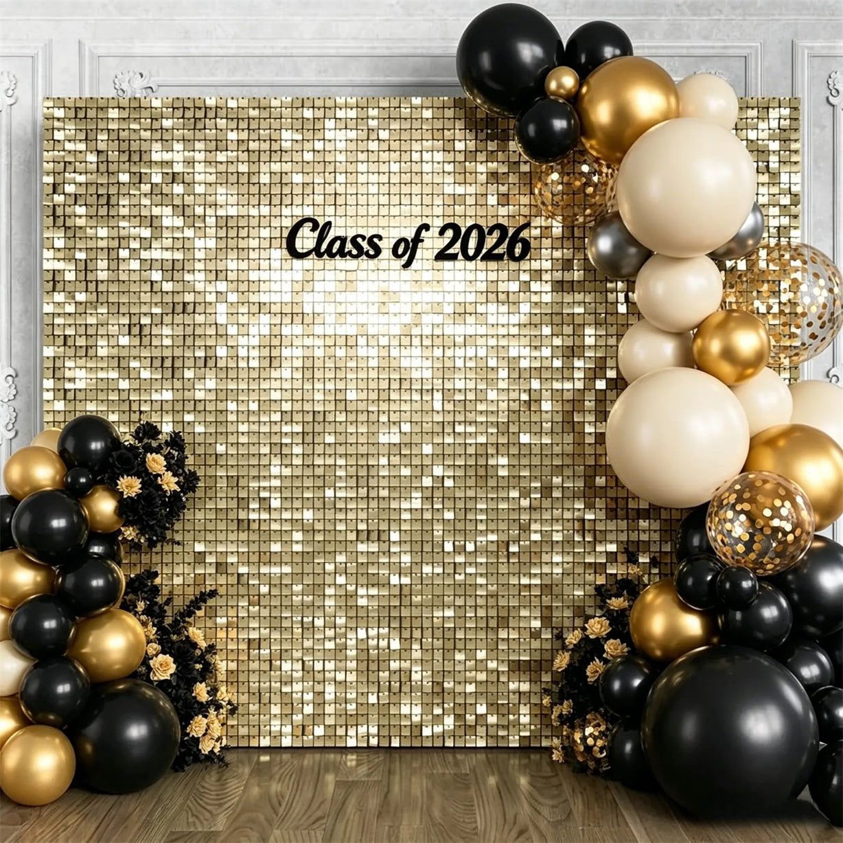 Graduation Shimmer Backdrop Class of 2026 Text Black Gold Sequin Wall Graduation Backdrop CSH64-62