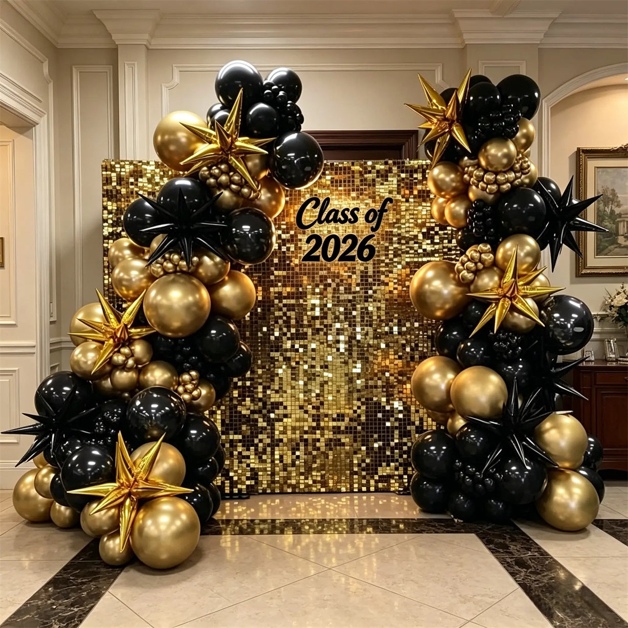 Graduation Shimmer Backdrop Party Photobooth Setup Black Gold Graduation Photo Booth Backdrop CSH64-63