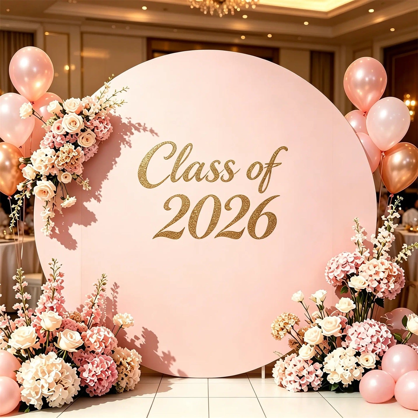 Round Graduation Backdrop Pink Gold Class of 2026 Round Pink Graduation Backdrop CSH64-73