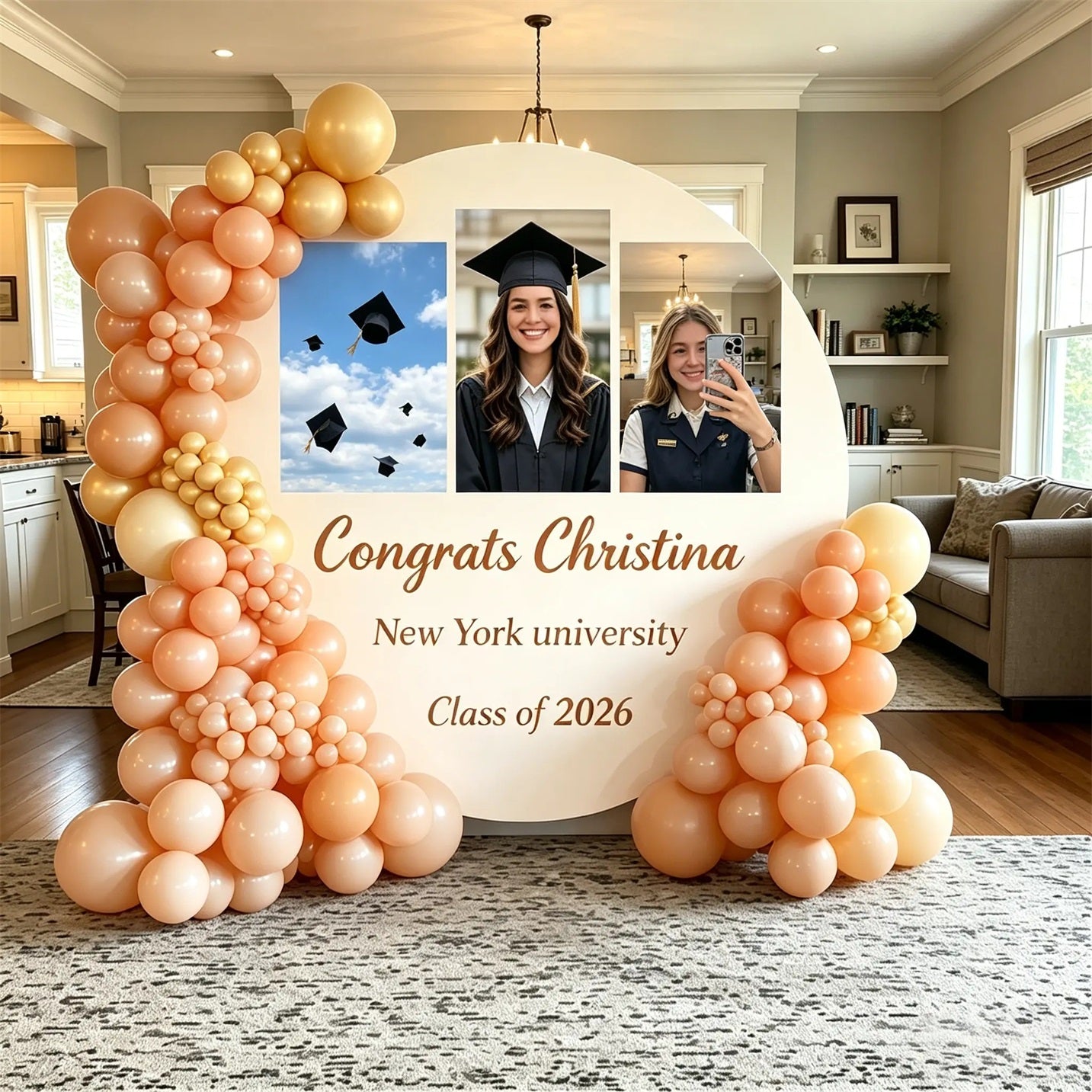 Custom Round Graduation Backdrop Beige Custom Name School Personalized Photo Collage Round Graduation Backdrop CSH64-77