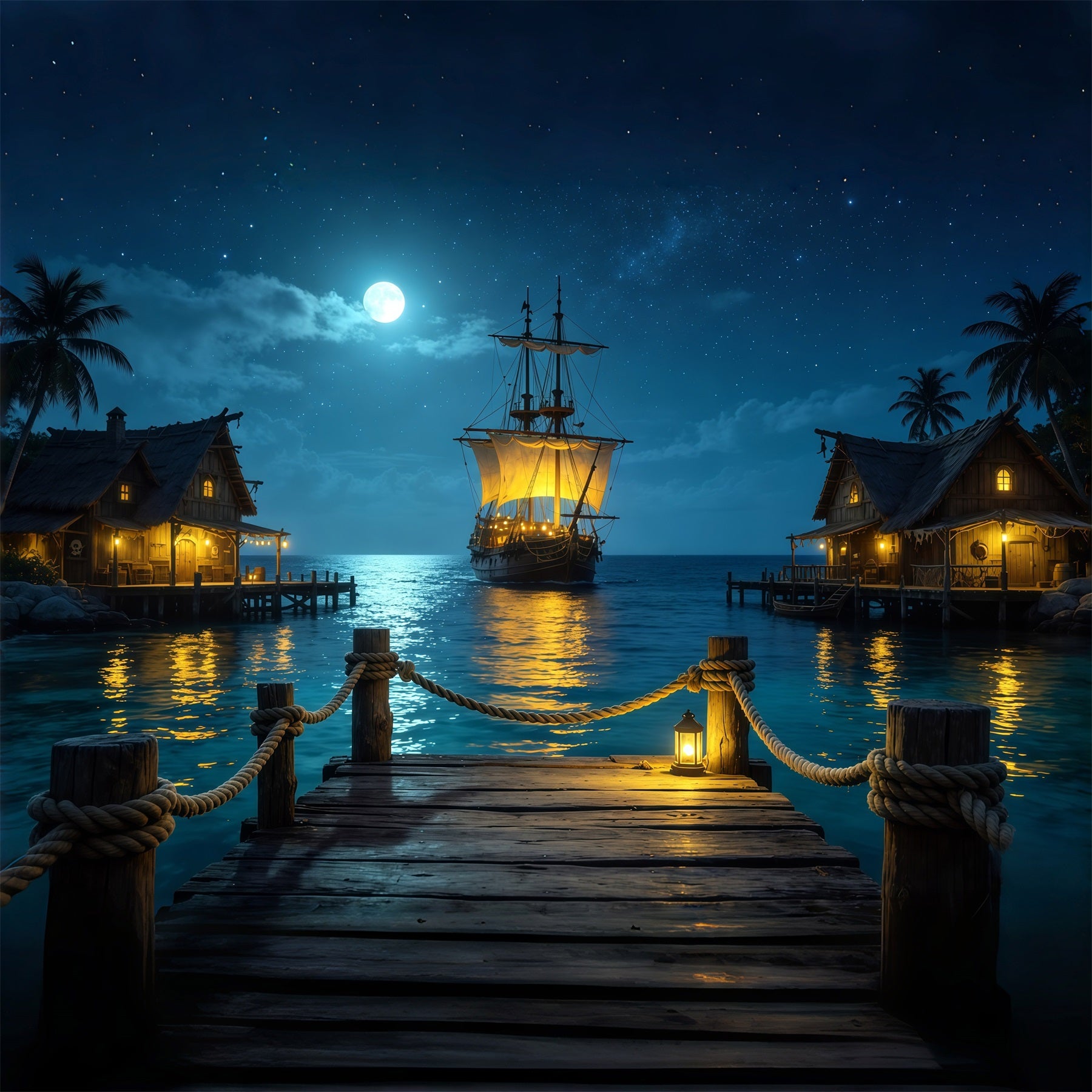 Caribbean Backdrop Moonlit Pirate Harbor Sailing Ship Summer Backdrop CSH64-78