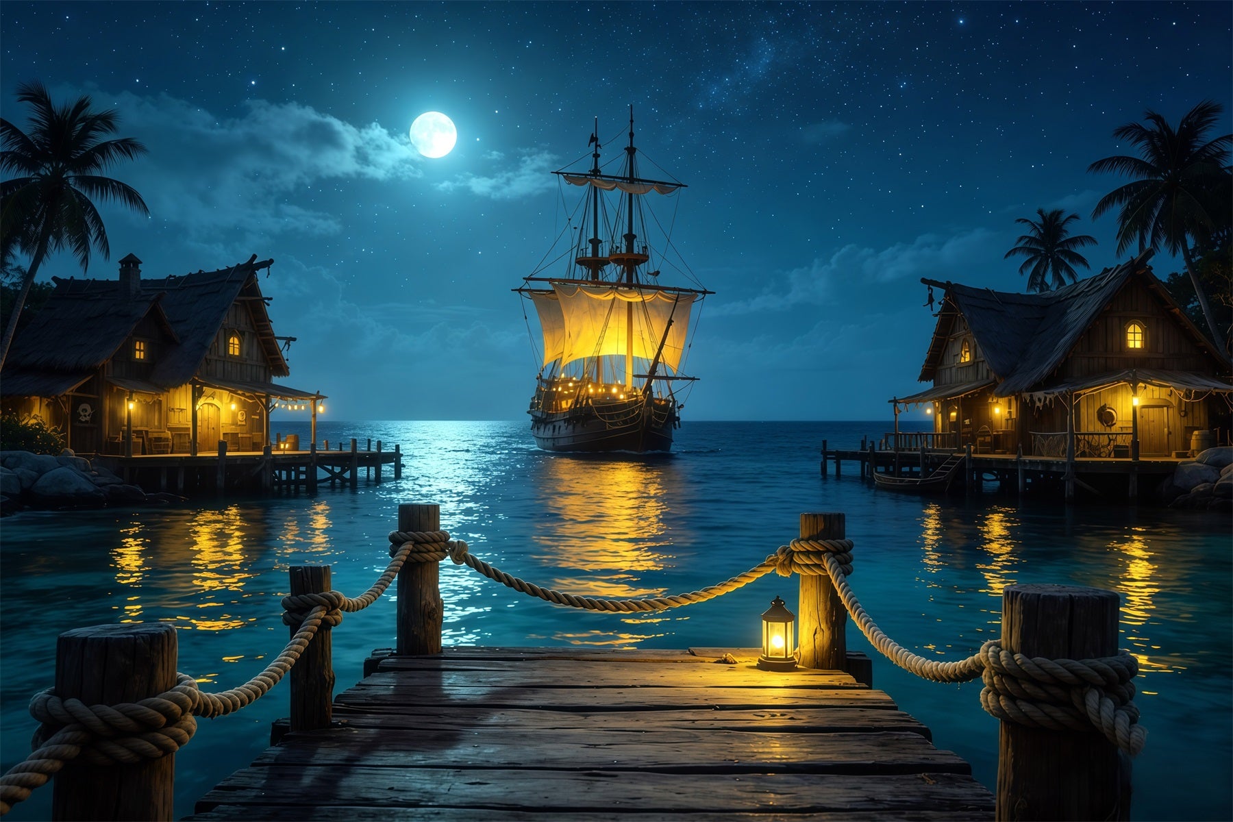 Caribbean Backdrop Moonlit Pirate Harbor Sailing Ship Summer Backdrop CSH64-78
