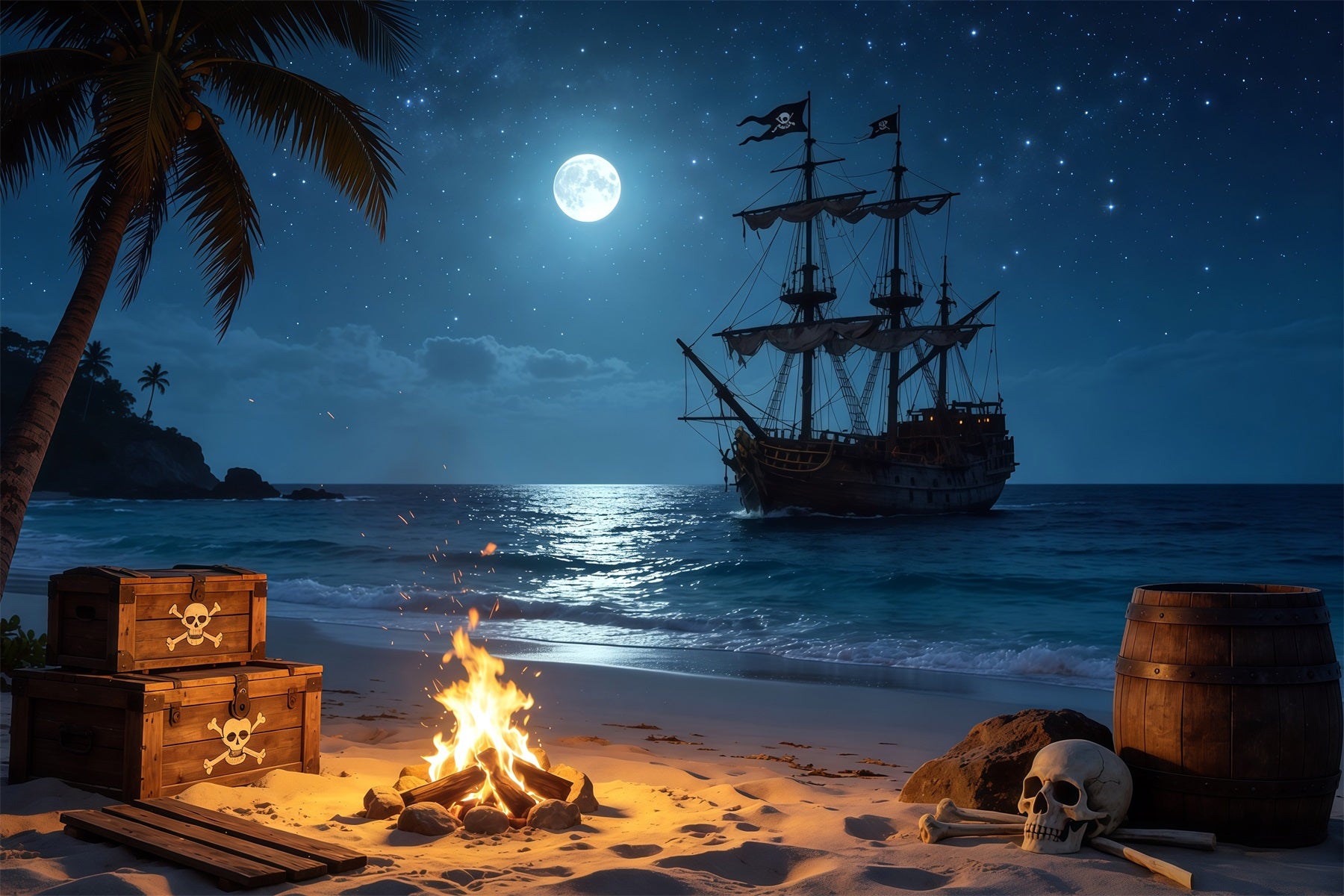 Caribbean Backdrop Tropical Pirate Beach Bonfire Treasure Summer Backdrops CSH64-79
