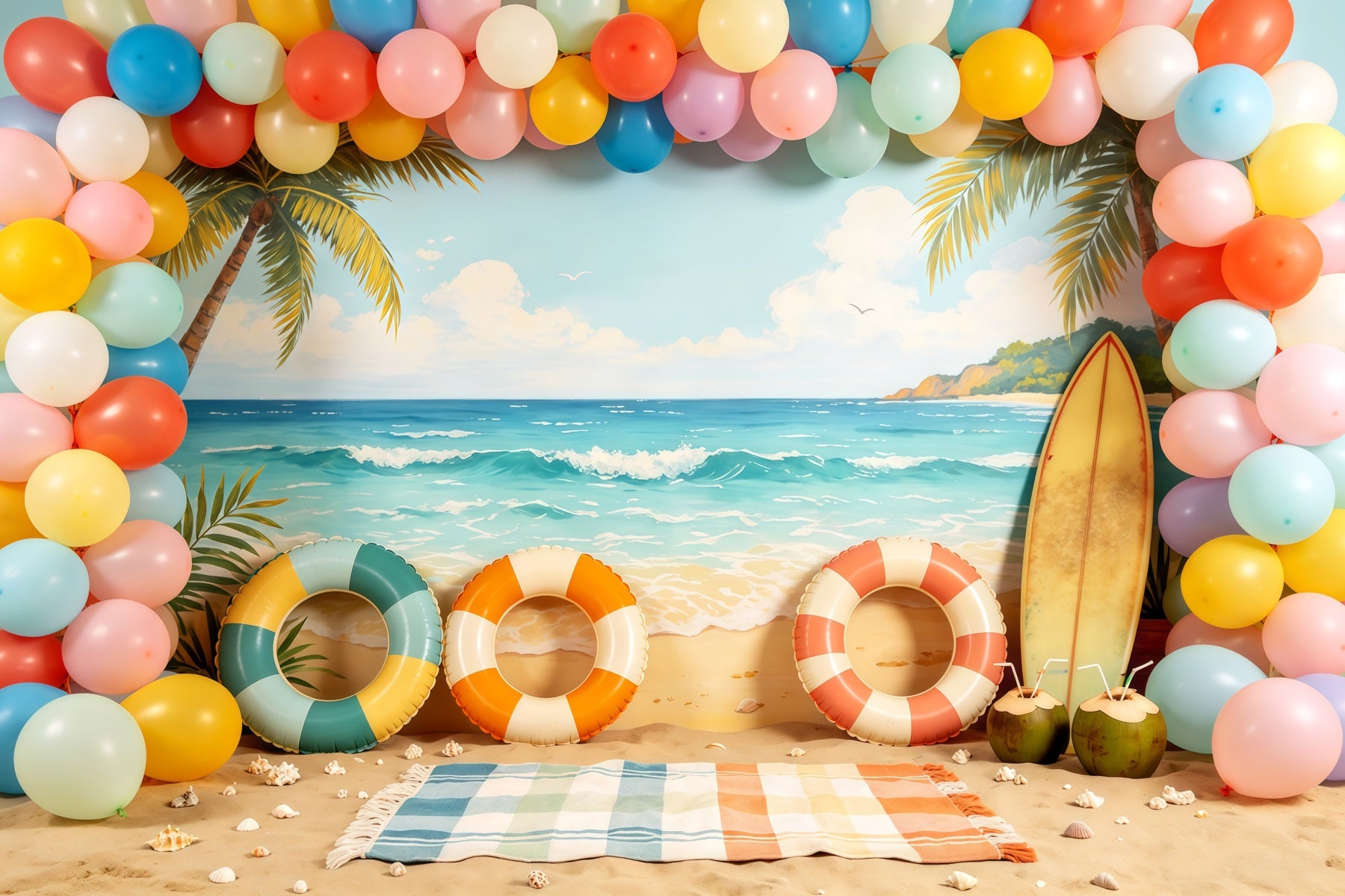 Beach Backdrop Pastel Balloon Arch Surfboard Summer Backdrop Ideas CSH64-84