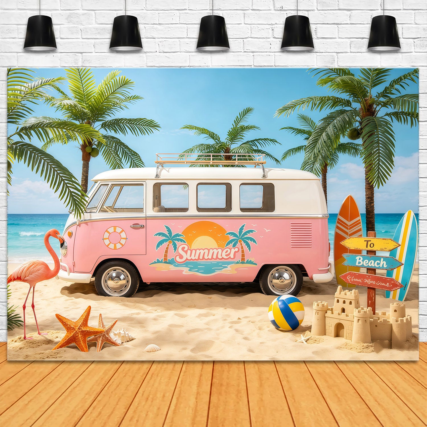 Beach Backdrop Sea Retro Van Palm Paradise Beach Photo Backdrop CSH64-85
