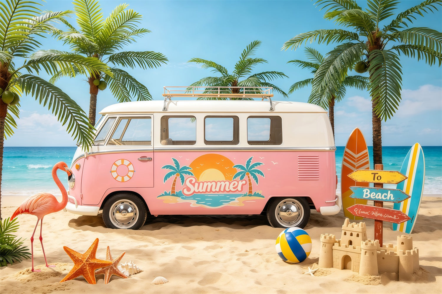 Beach Backdrop Sea Retro Van Palm Paradise Beach Photo Backdrop CSH64-85