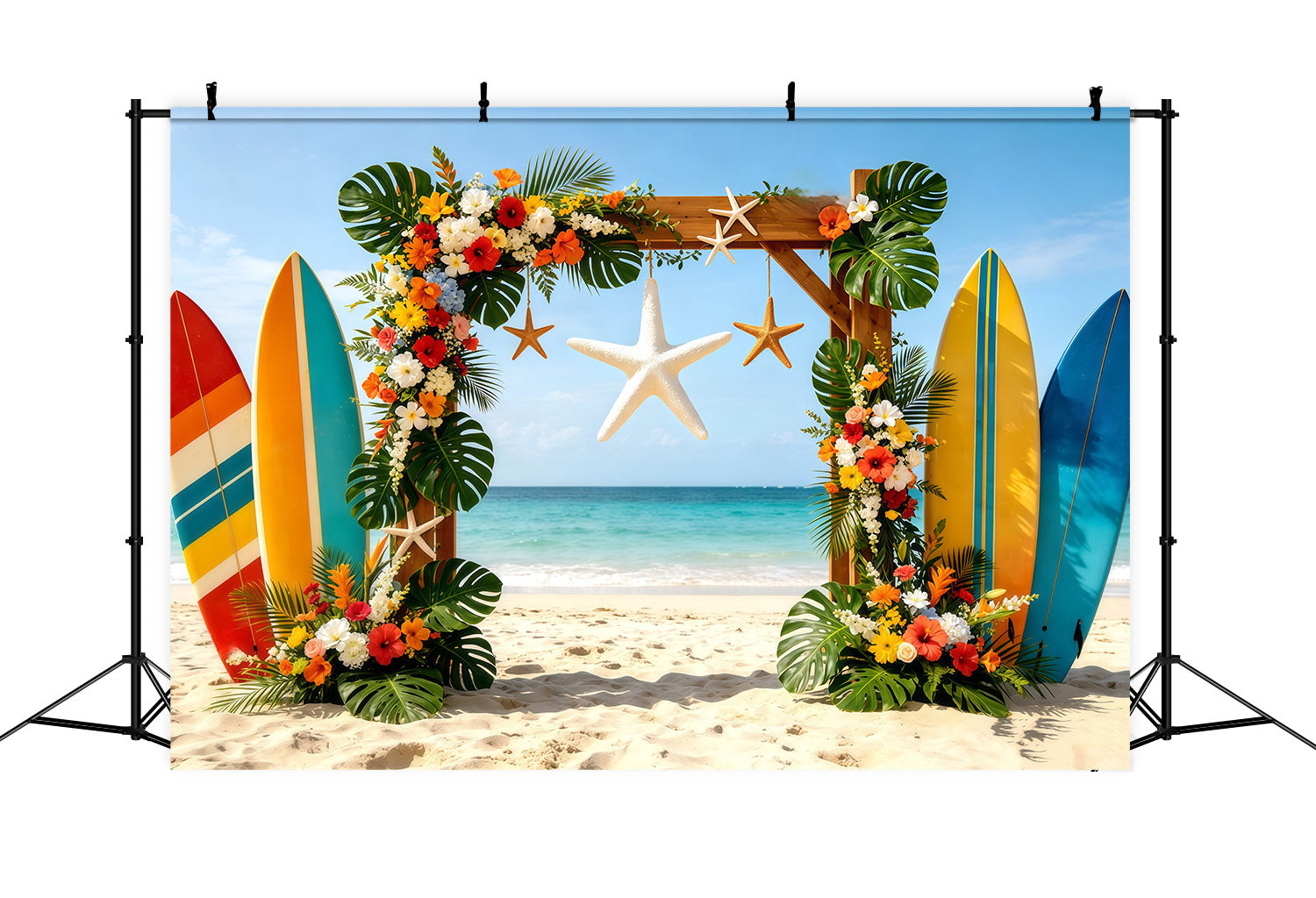 Beach Backdrop Tropical Surfboard Floral Starfish Arch Summer Photo Backdrop CSH64-86