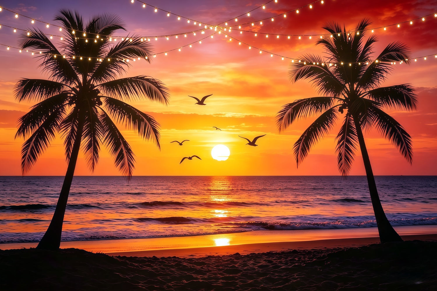 Beach Backdrop Sunset Palm String Light Sea Beach Backdrop For Photos CSH64-87