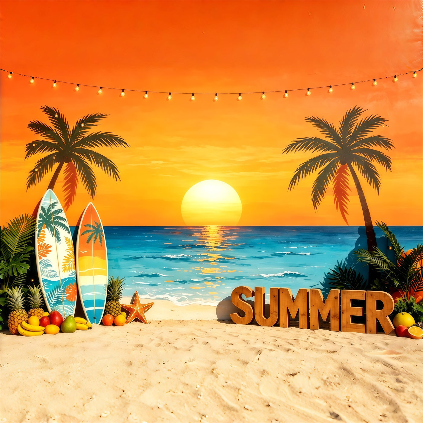 Beach Backdrop Sunset Surfboard Tropical Fruit Beach Summer Photo Backdrop CSH64-90