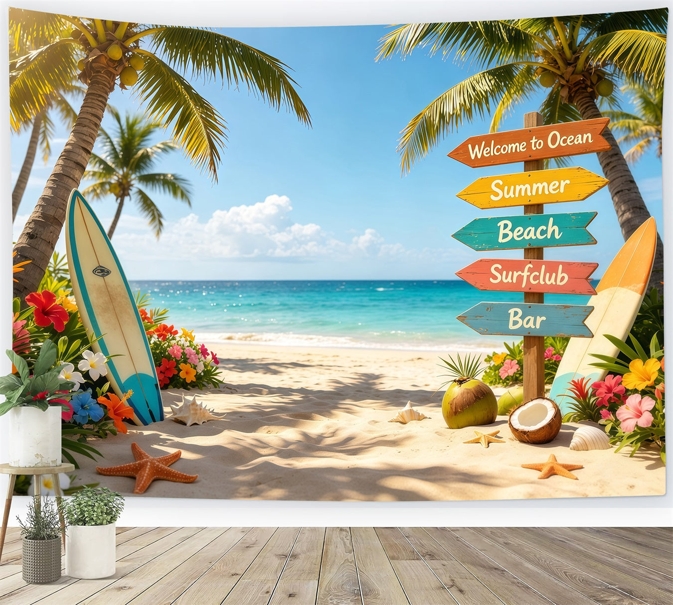 Beach Backdrop Tropical Signpost Surfboard Flower Beach Summer Backdrop Ideas CSH64-91