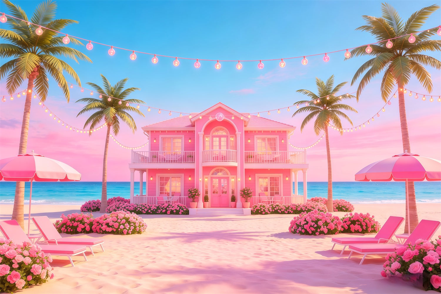 Beach Backdrop Pink Coastal Villa String Lights Beach Photo Backdrop CSH64-92