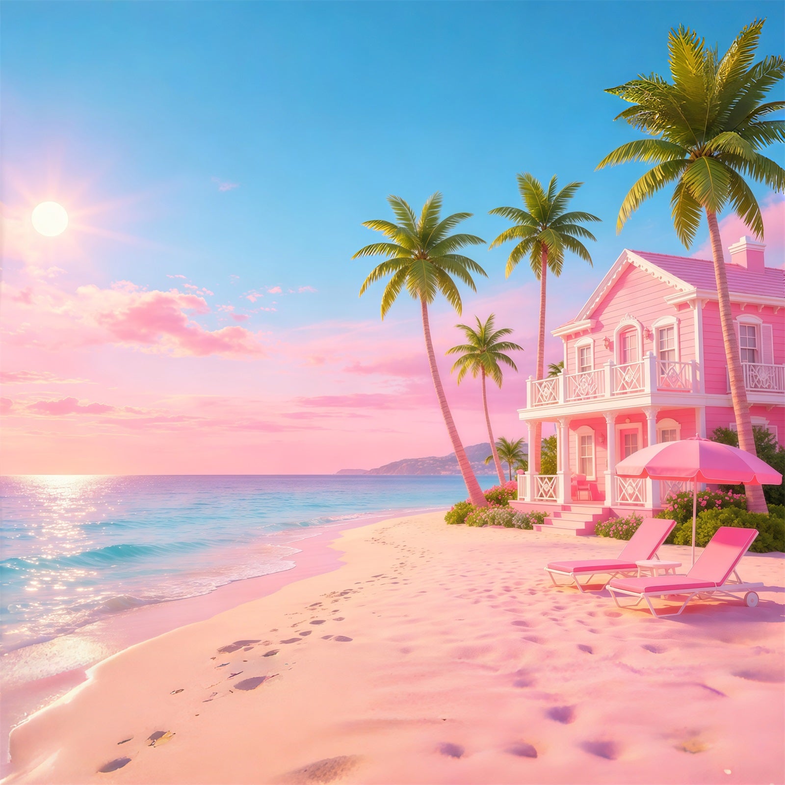 Beach Backdrop Pink Sea House Ocean Escape Beach Photo Backdrop CSH64-93