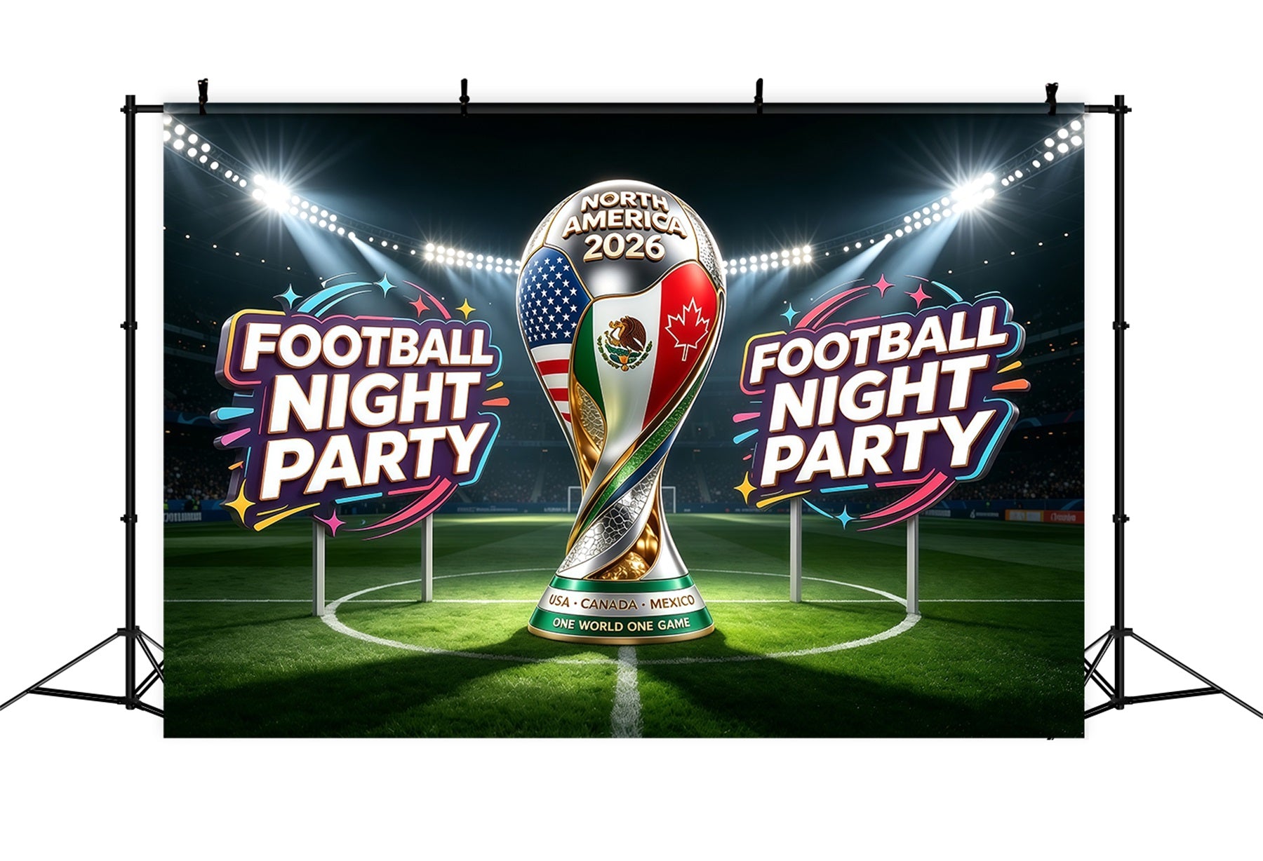 Stadium Night Party Backdrop North America Tricolor Trophy Spotlight 2026 Soccer Party Backdrop CSH64-95