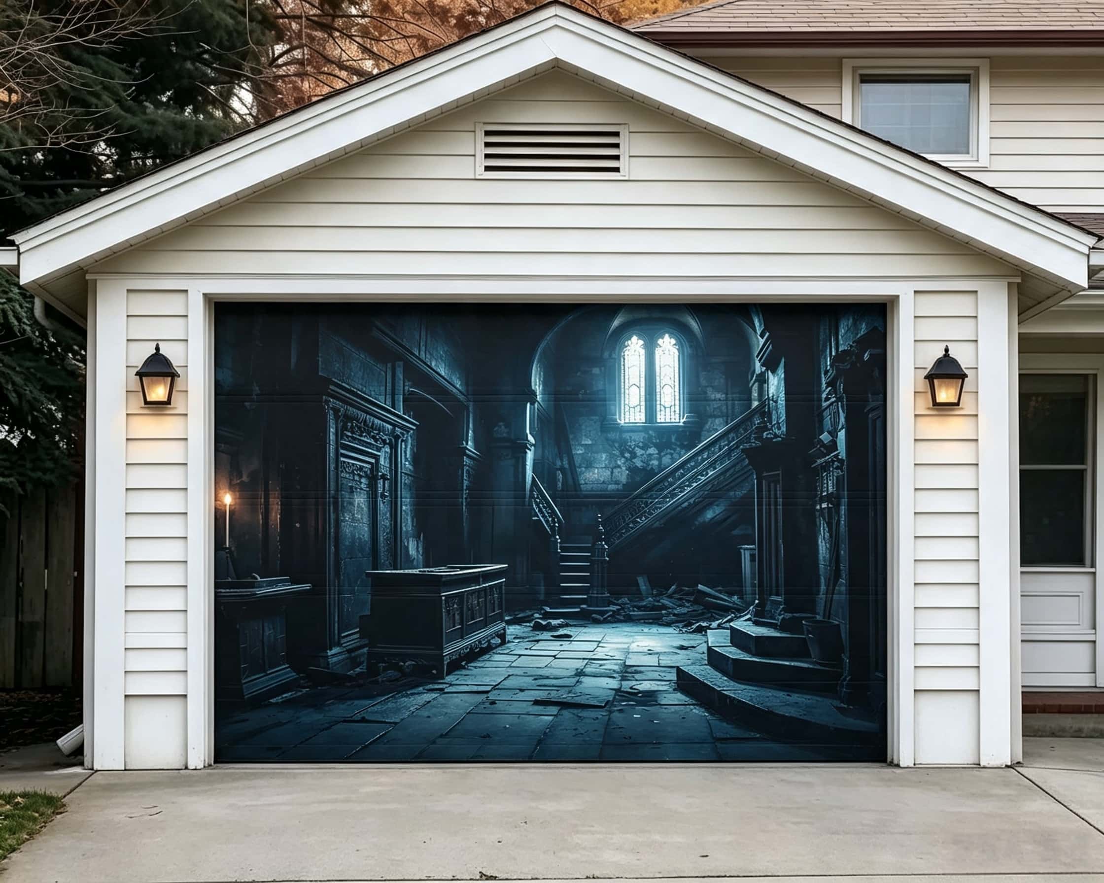 Halloween Creepy Backdrop Abandoned Gothic Staircase Hall Halloween Garage Door Cover CSH67-11-1 car