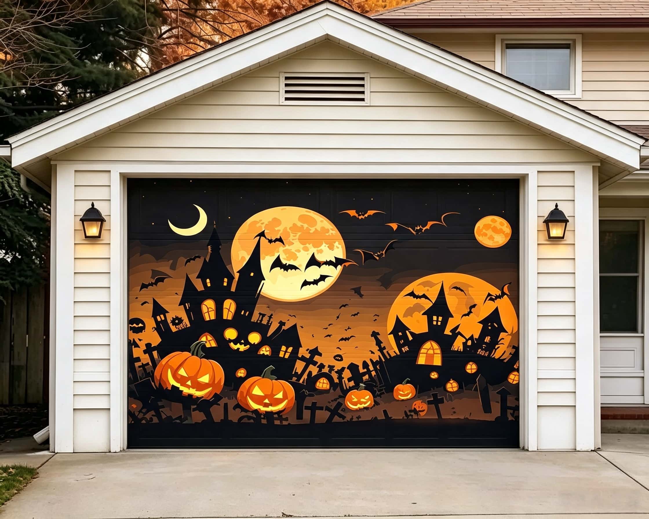 Halloween Backdrop Moonlit Pumpkin Haunted Village Halloween Garage Door Decorations CSH67-12-1 car