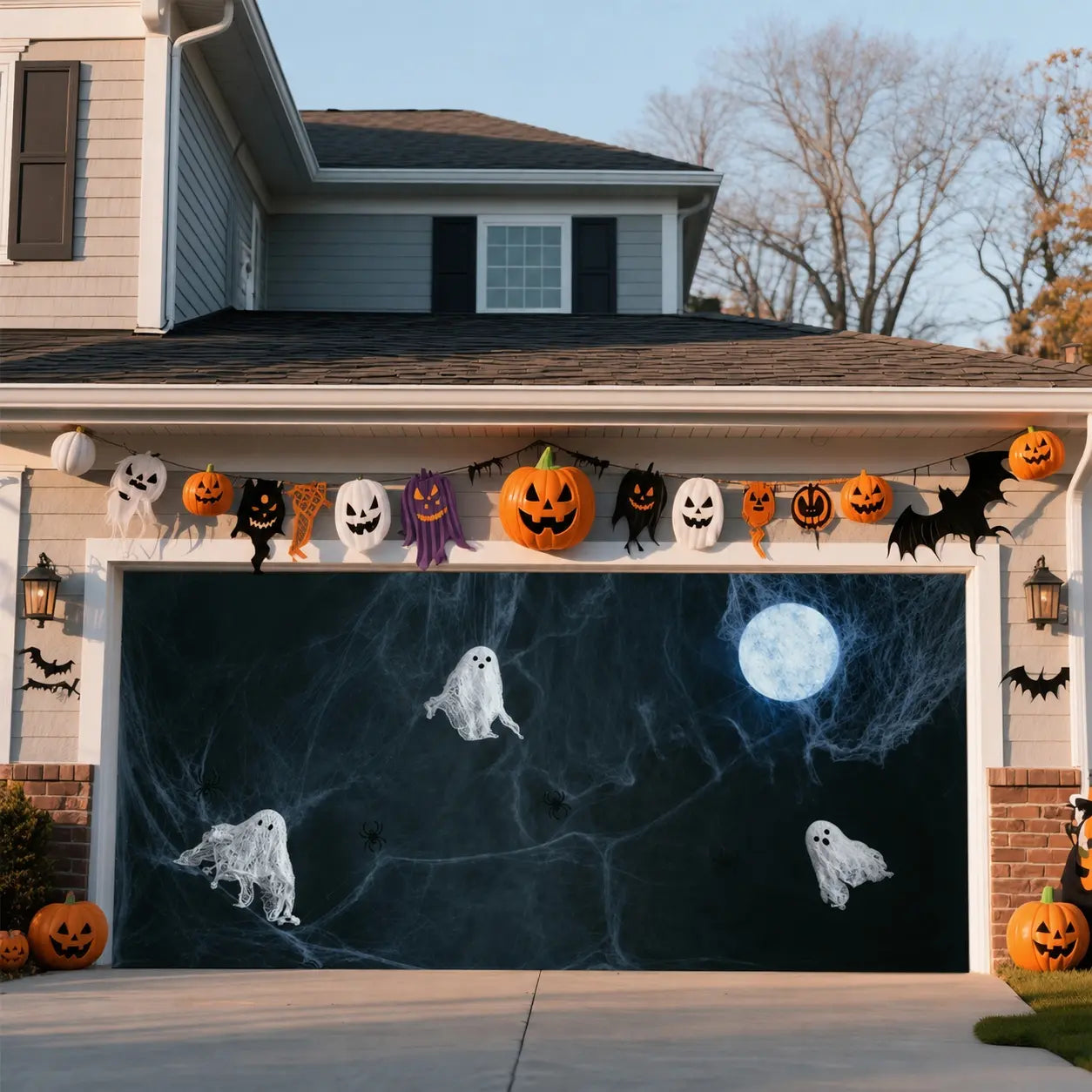 Halloween Spooky Backdrop Moonlit Cobweb Ghost Gathering Halloween Garage Door Decor CSH67-13