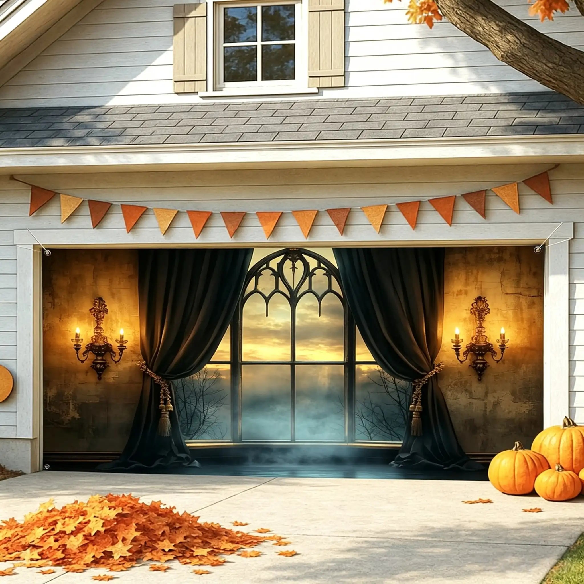 Halloween Backdrop Ideas Candlelit Gothic Window Chamber Outdoor Halloween Garage Door Banner CSH67-14
