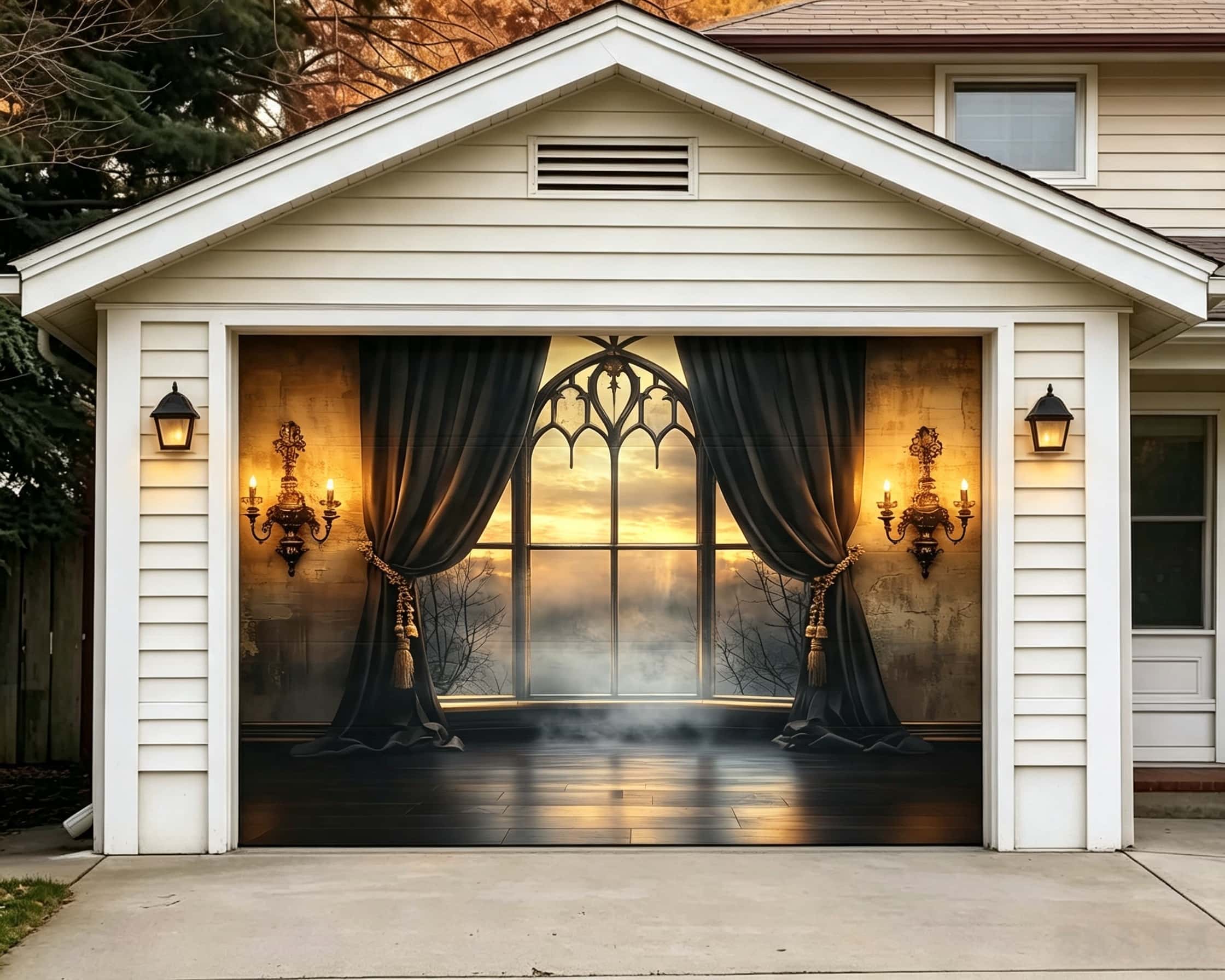 Halloween Backdrop Ideas Candlelit Gothic Window Chamber Outdoor Halloween Garage Door Banner CSH67-14-1 car
