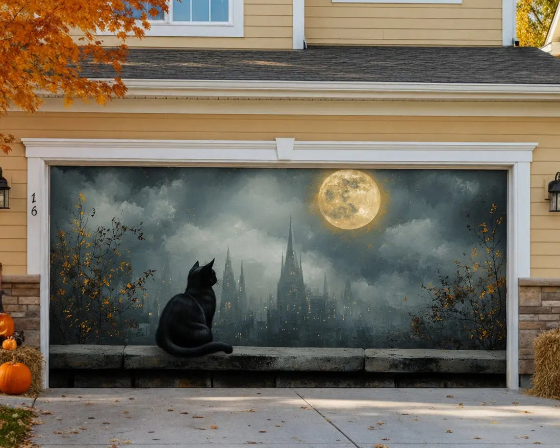 Halloween Moonlit Black Cat Castle Halloween Garage Door Banner CSH67-15-2 car