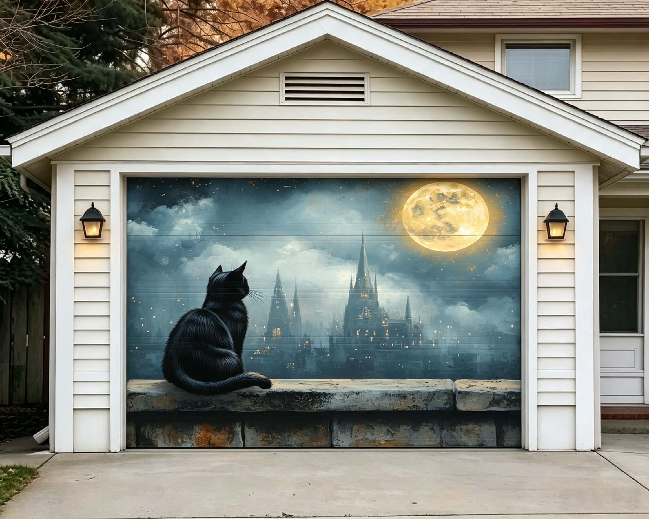 Halloween Moonlit Black Cat Castle Halloween Garage Door Banner CSH67-15-1 car