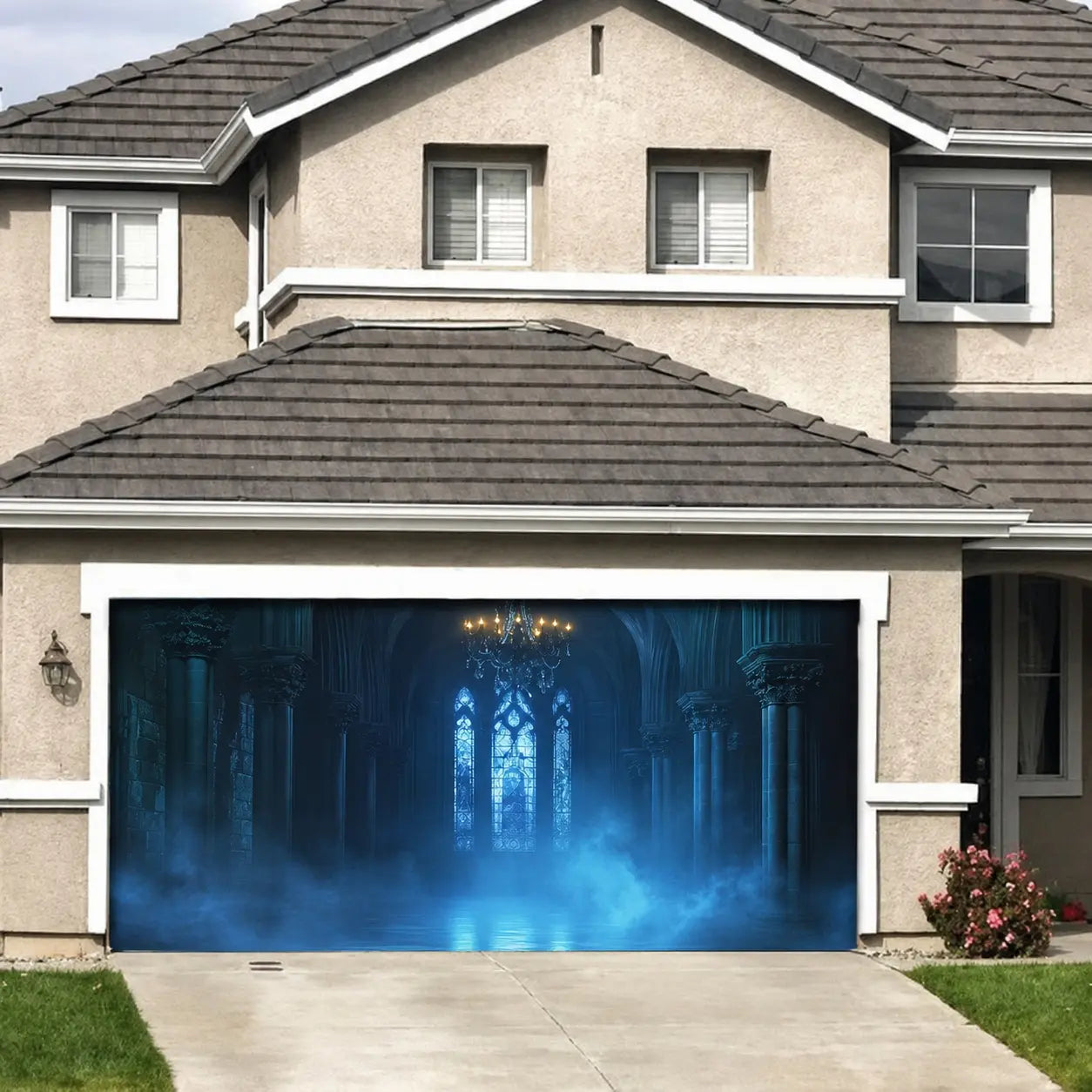 Halloween Gothic Backdrop Blue Mist Gothic Cathedral Halloween Garage Door Cover CSH67-16
