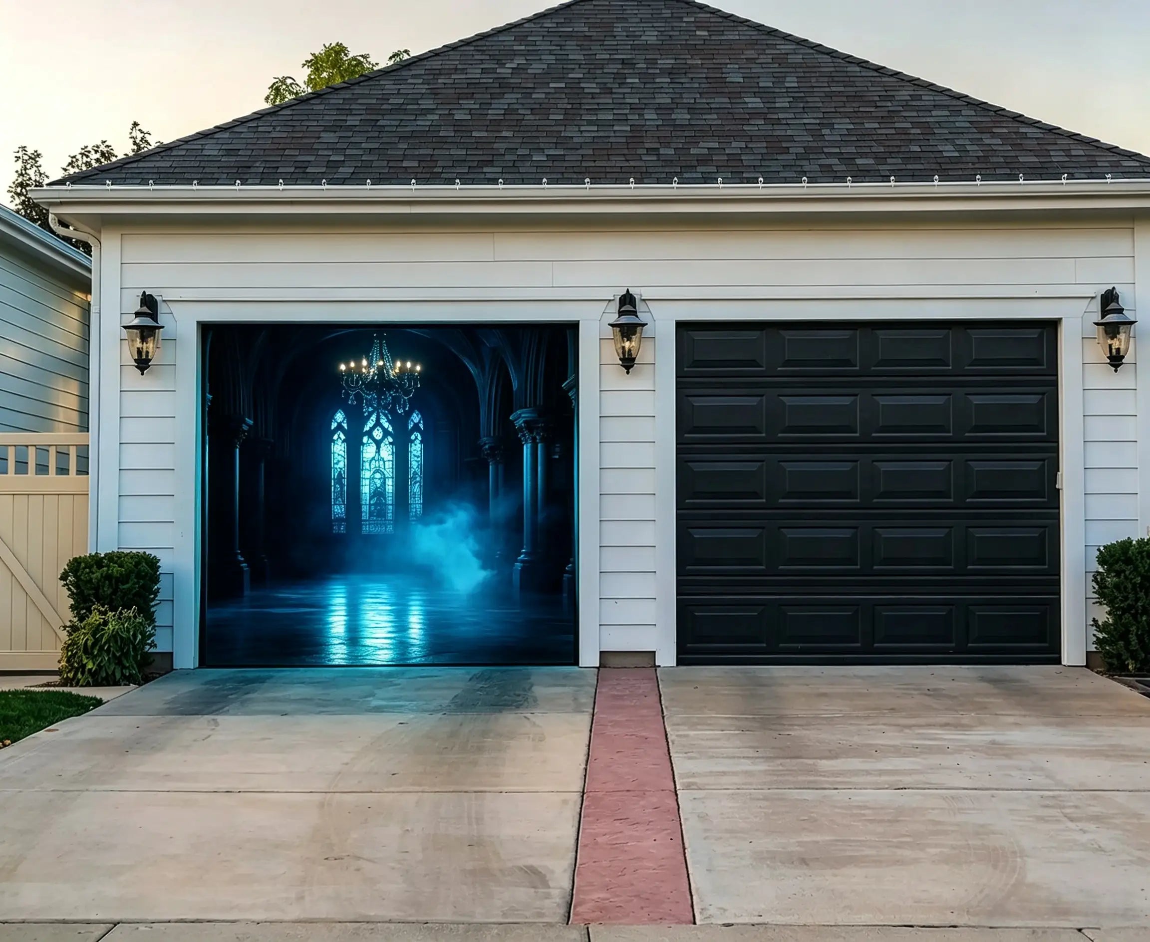 Halloween Gothic Backdrop Blue Mist Gothic Cathedral Halloween Garage Door Cover CSH67-16