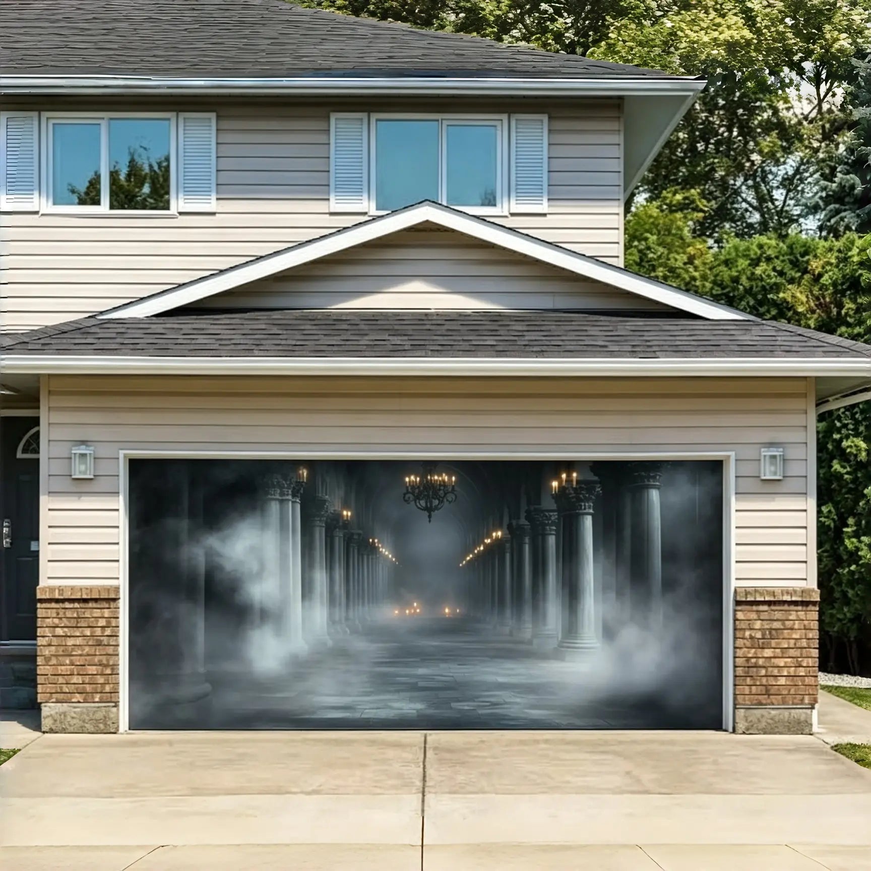 Halloween Gothic Backdrop Foggy Candlelit Gothic Colonnade Halloween Garage Door Decorations CSH67-17