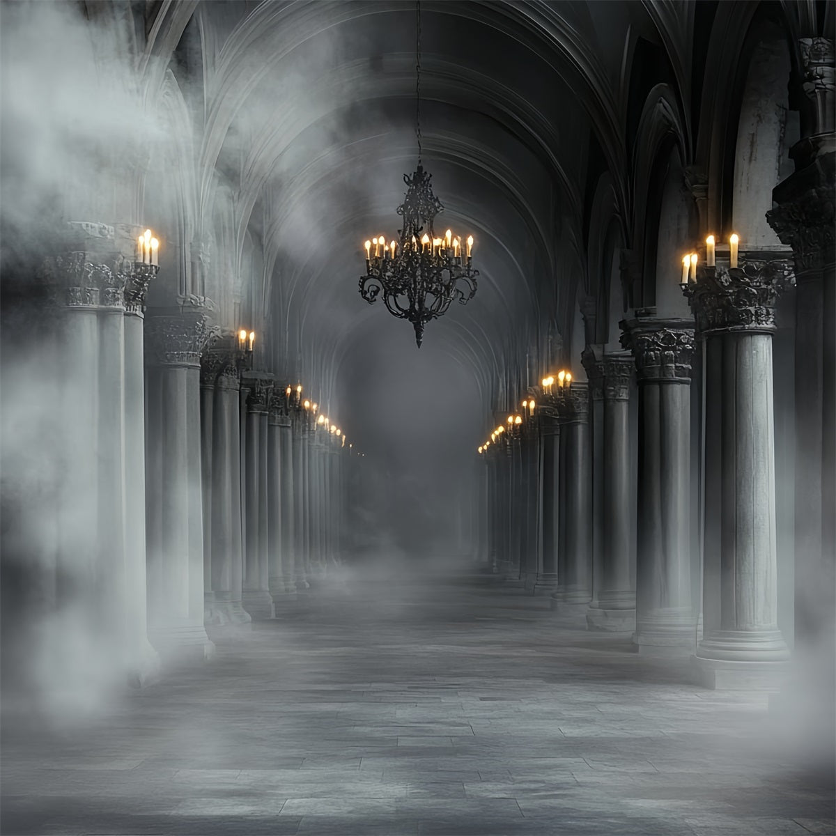 Halloween Gothic Backdrop Foggy Candlelit Gothic Colonnade Halloween Garage Door Decorations CSH67-17