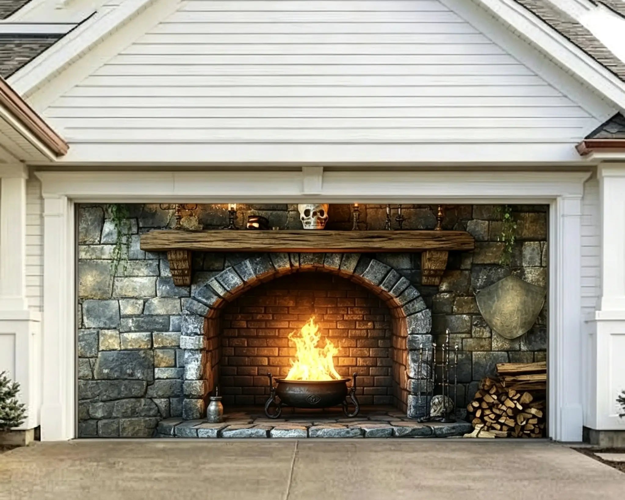 Halloween Fireplace Skull Mantel Flaming Cauldron Garage Door Decor CSH67-18-2 car