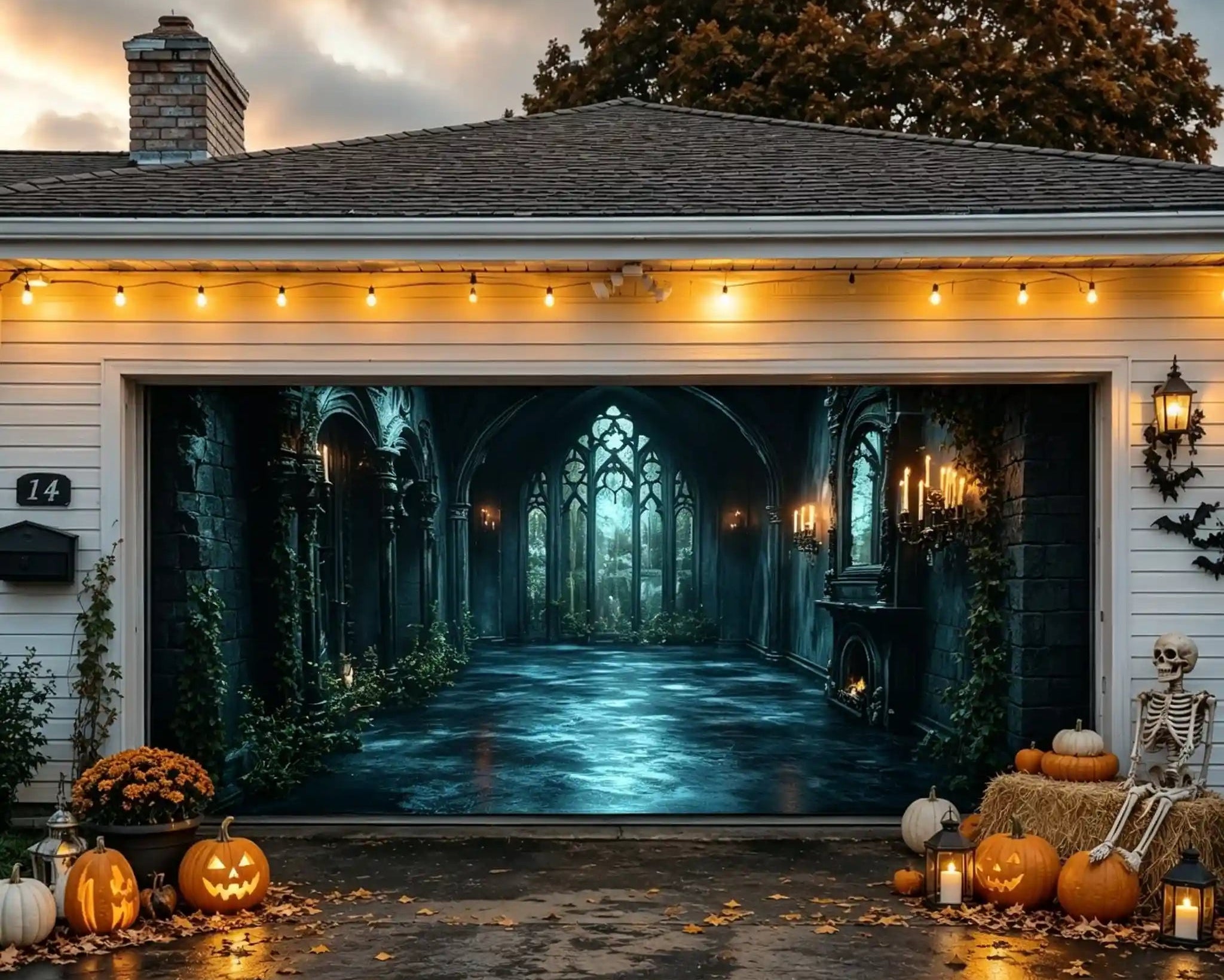 Spooky Halloween Backdrop Candlelit Gothic Ivy Hall Halloween Garage Door Decorations CSH67-2-2 car