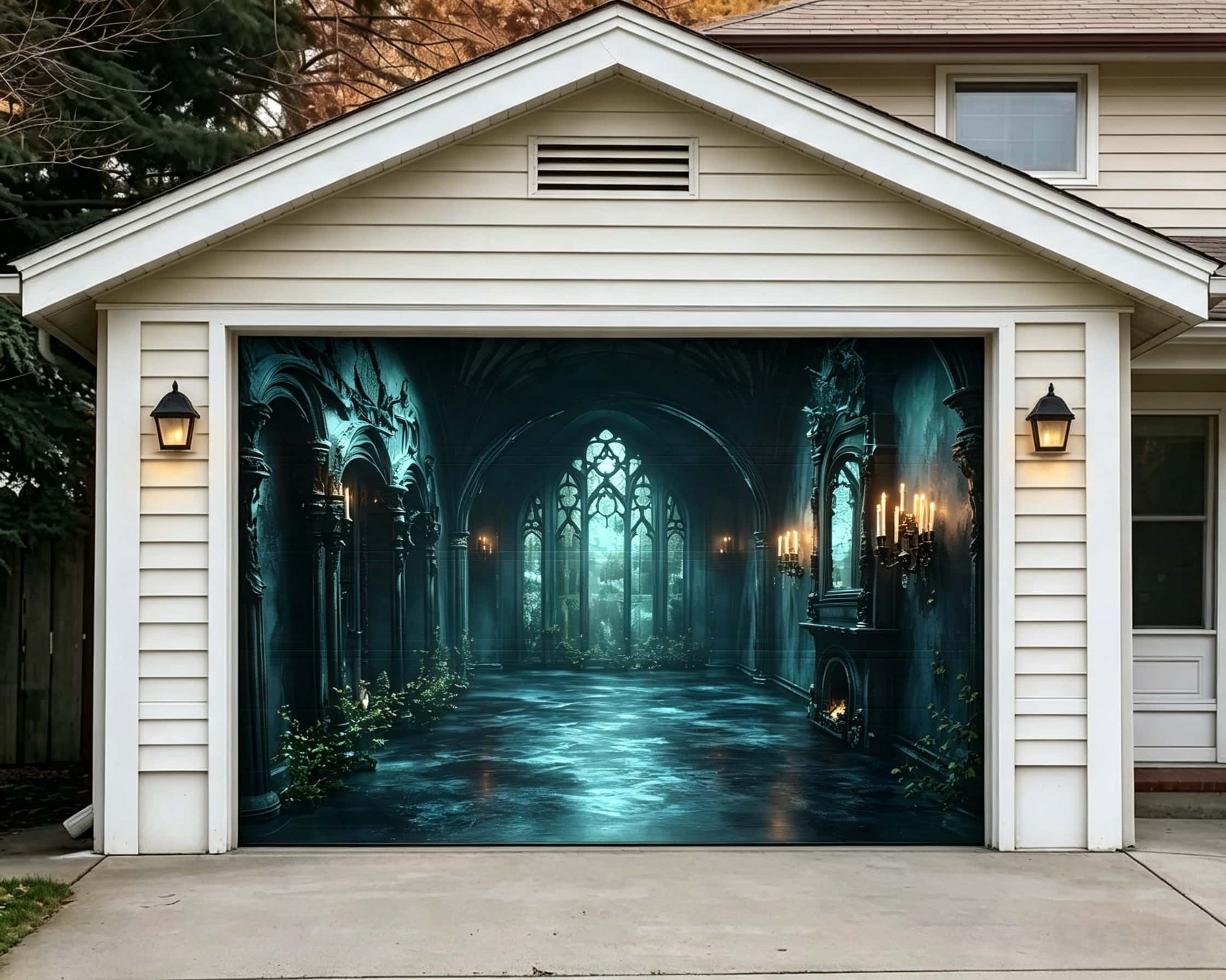 Spooky Halloween Backdrop Candlelit Gothic Ivy Hall Halloween Garage Door Decorations CSH67-2-1 car