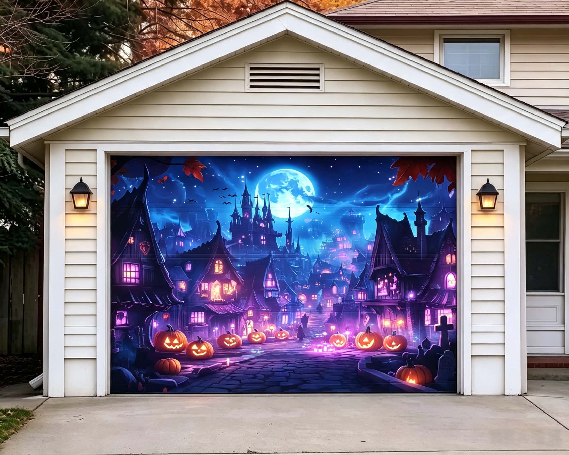 Spooky Halloween Moonlit Pumpkin Haunted Village Outdoor Garage Door Cover CSH67-29-1 car