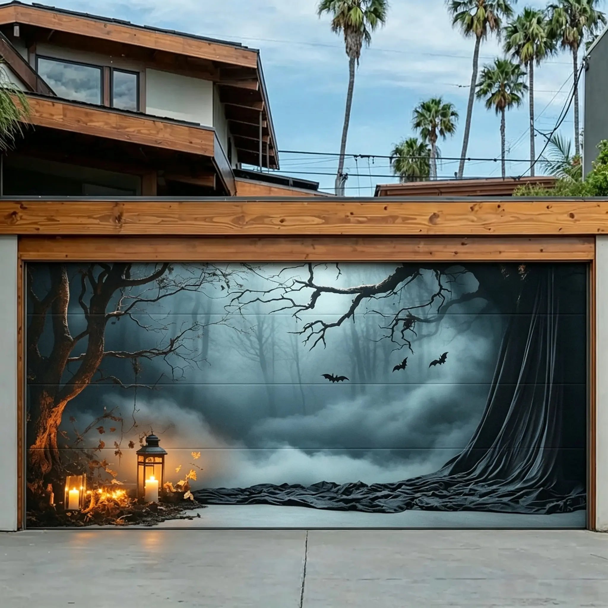 Halloween Mist Forest Backdrop Candlelit Bat Drapery Hollow Halloween Garage Door Decor CSH67-3