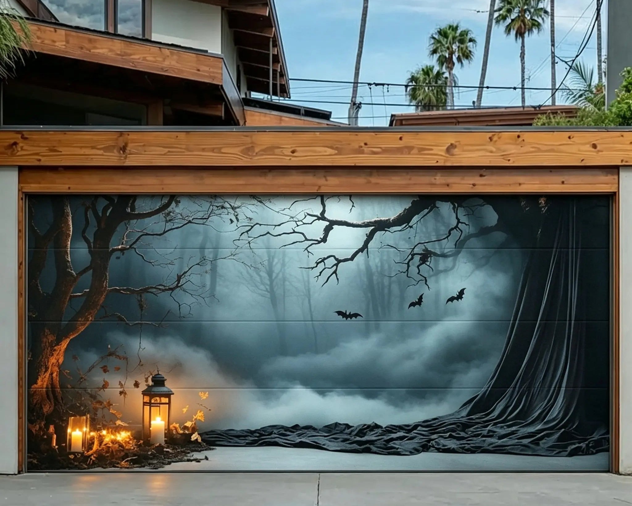 Halloween Mist Forest Backdrop Candlelit Bat Drapery Hollow Halloween Garage Door Decor CSH67-3-2 car
