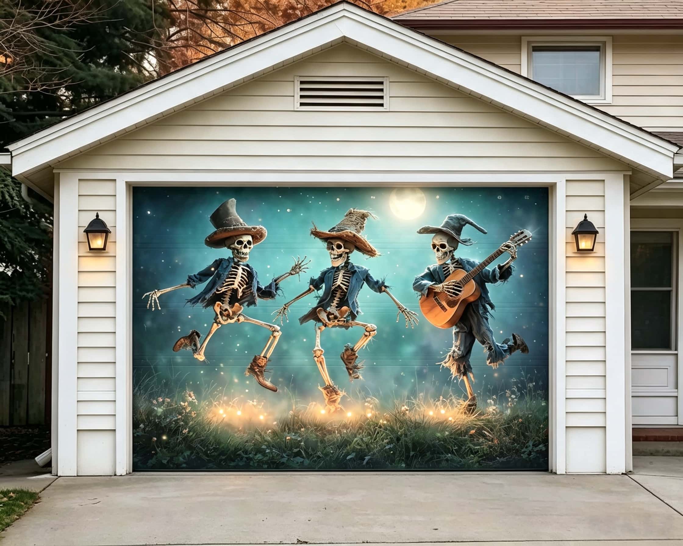 Spooky Halloween Moonlit Dancing Skeleton Band Garage Door Decorations CSH67-32-1 car