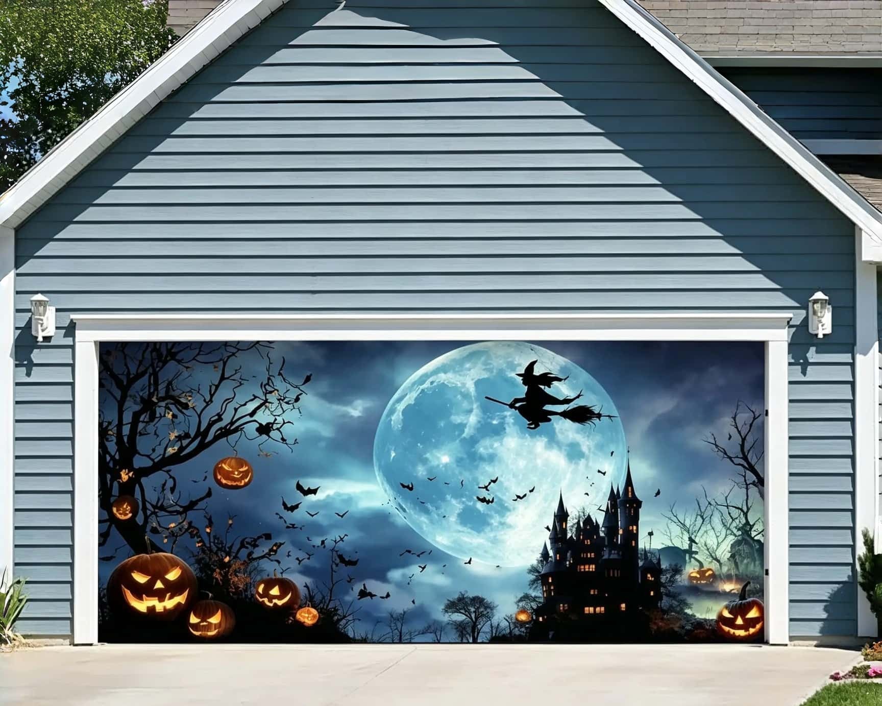 Spooky Halloween Moonlit Witch Pumpkin Castle Outdoor Garage Door Cover CSH67-34-2 car