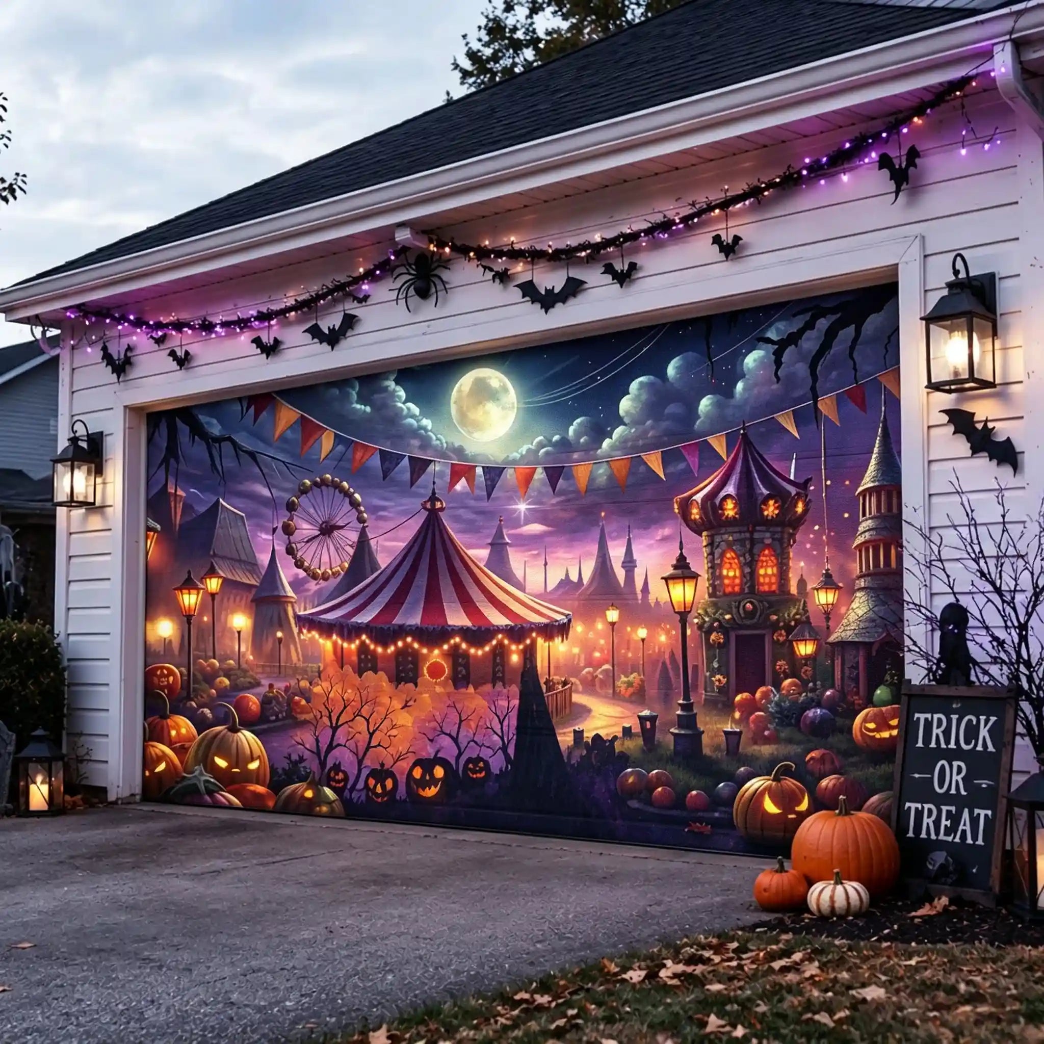 Halloween Spooky Backdrop Moonlit Pumpkin Carnival Village Outdoor Halloween Garage Door Banner CSH67-4