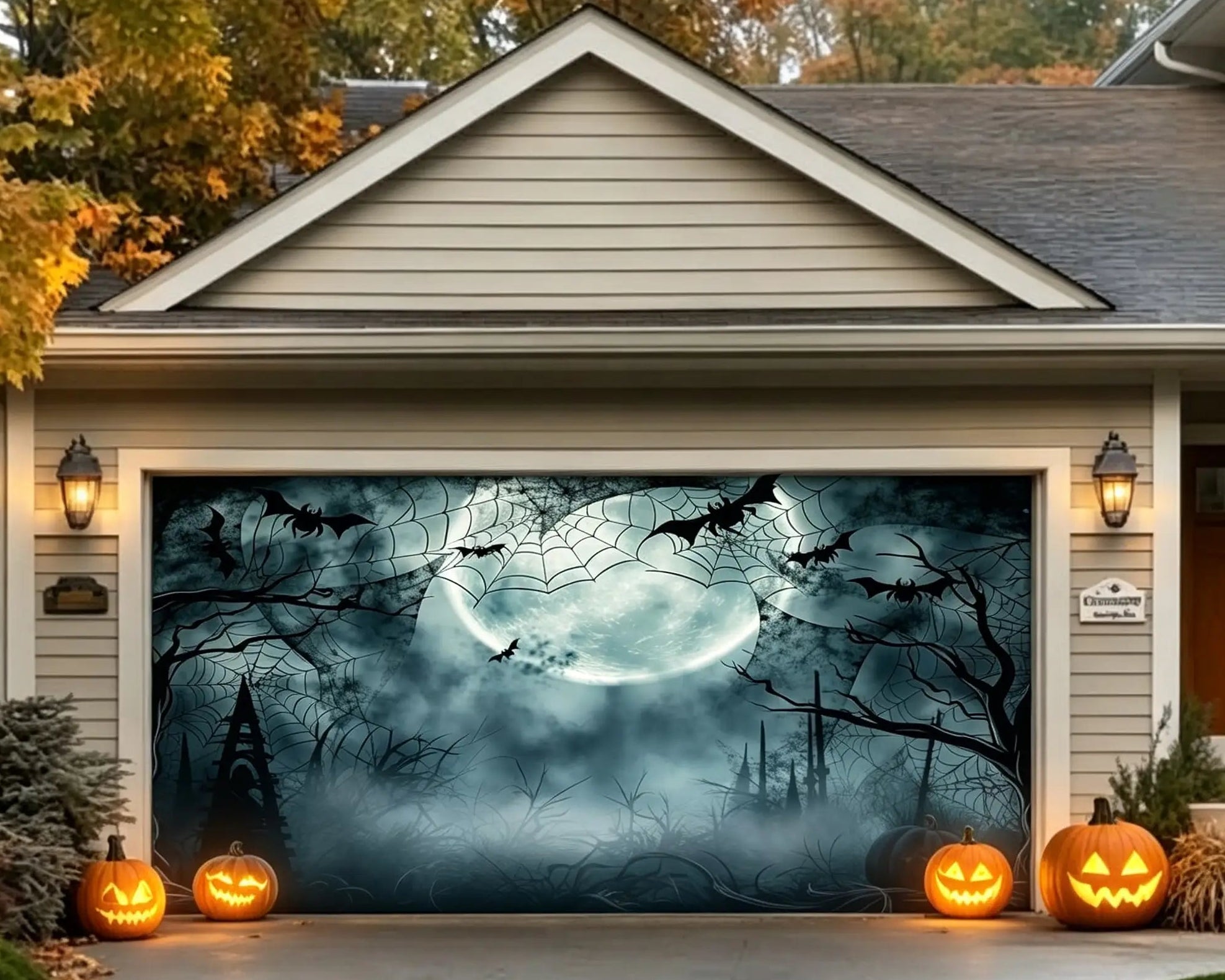 Scary Halloween Moonlit Spiderweb Bat Forest Garage Door Decor CSH67-48-2 car