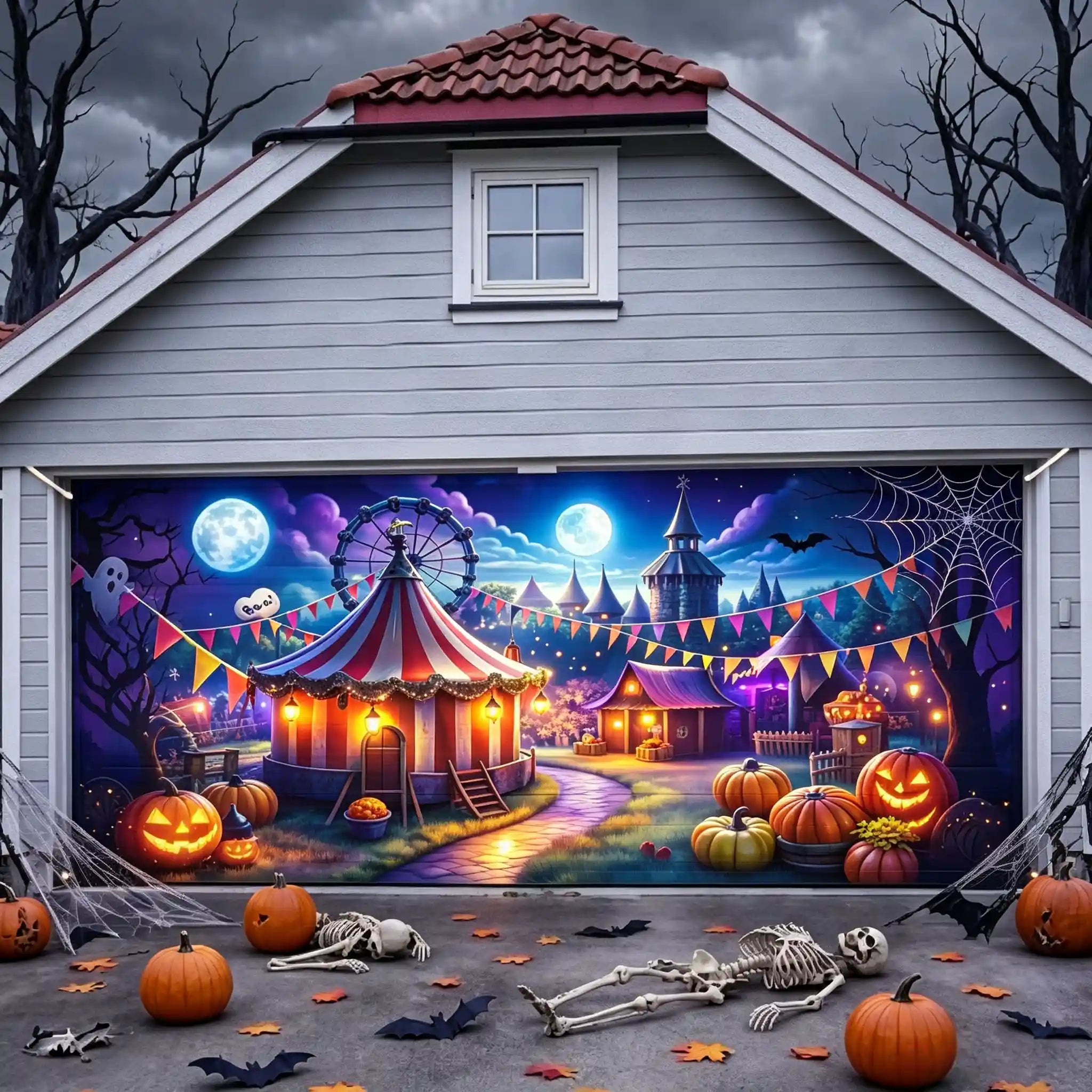 Halloween Circus Colorful Moonlit Pumpkin Carnival Outdoor Halloween Garage Door Banner CSH67-5
